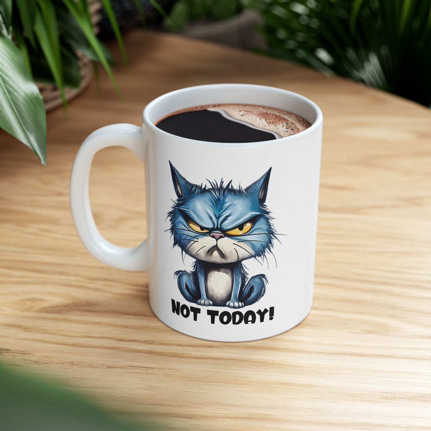 😾 Hoy no – Taza de gato azul gruñón para mañanas de buen humor