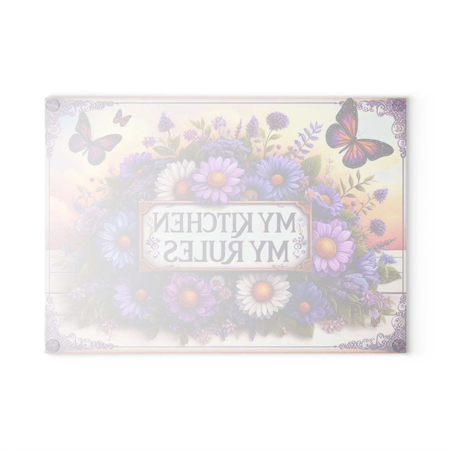 🦋 My Kitchen My Rules Cutting Board – Bold Floral Charm with Attitude