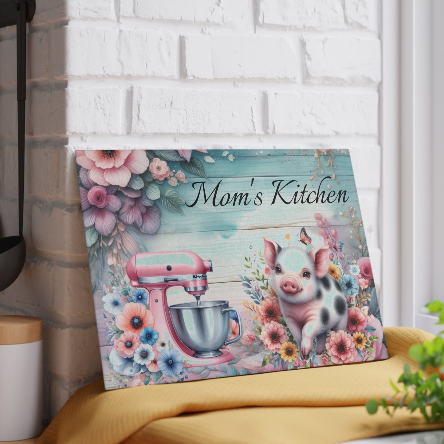 Tabla de cortar de cerdo, tabla de cortar personalizada, decoración con nombre personalizado, cocina de mamá, decoración de granja, tabla de cortar de vidrio, regalo para amantes de los cerdos,
