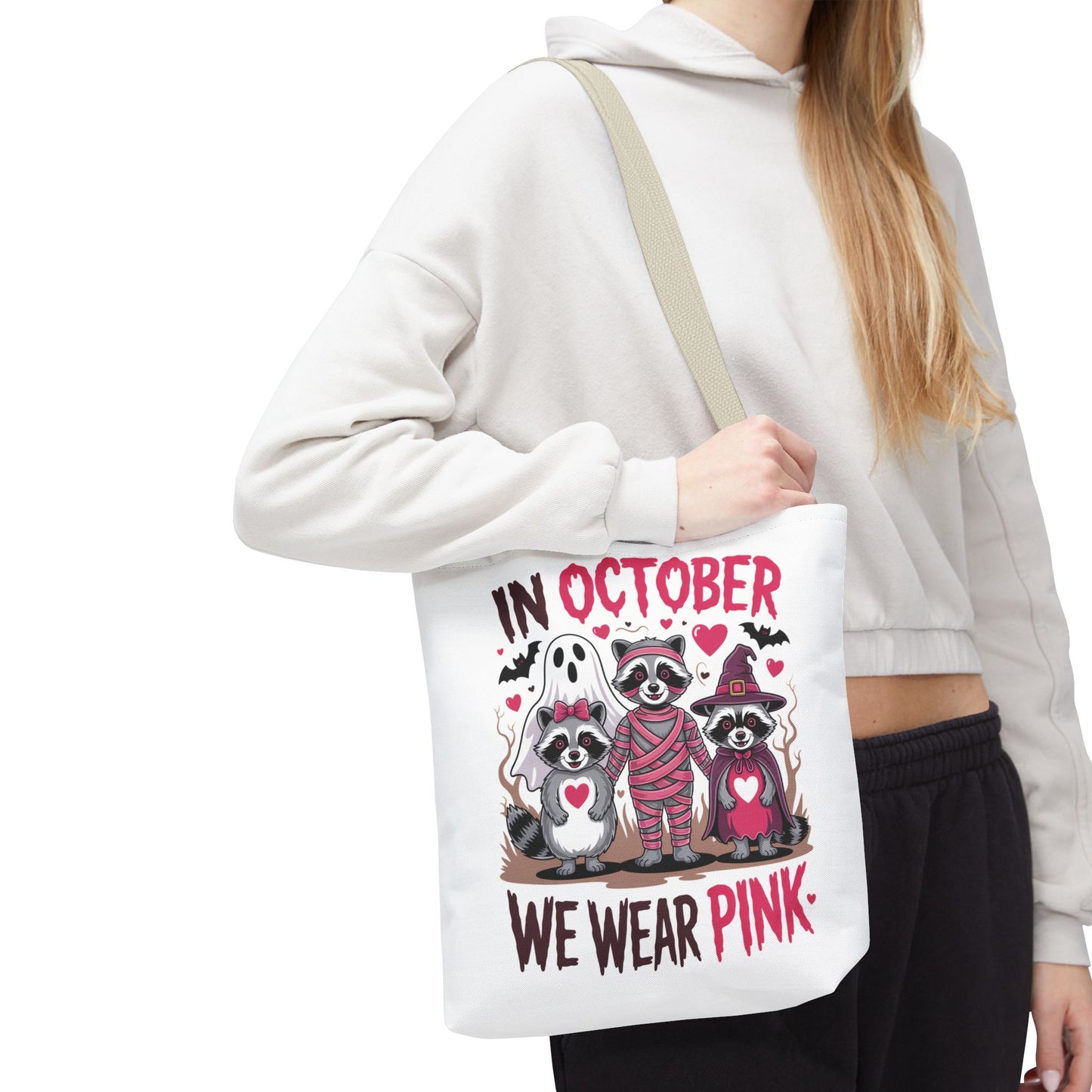 🎀 In October We Wear Pink Raccoon Halloween Tote Bag – Spooky Cute Awareness Style 🦝👜