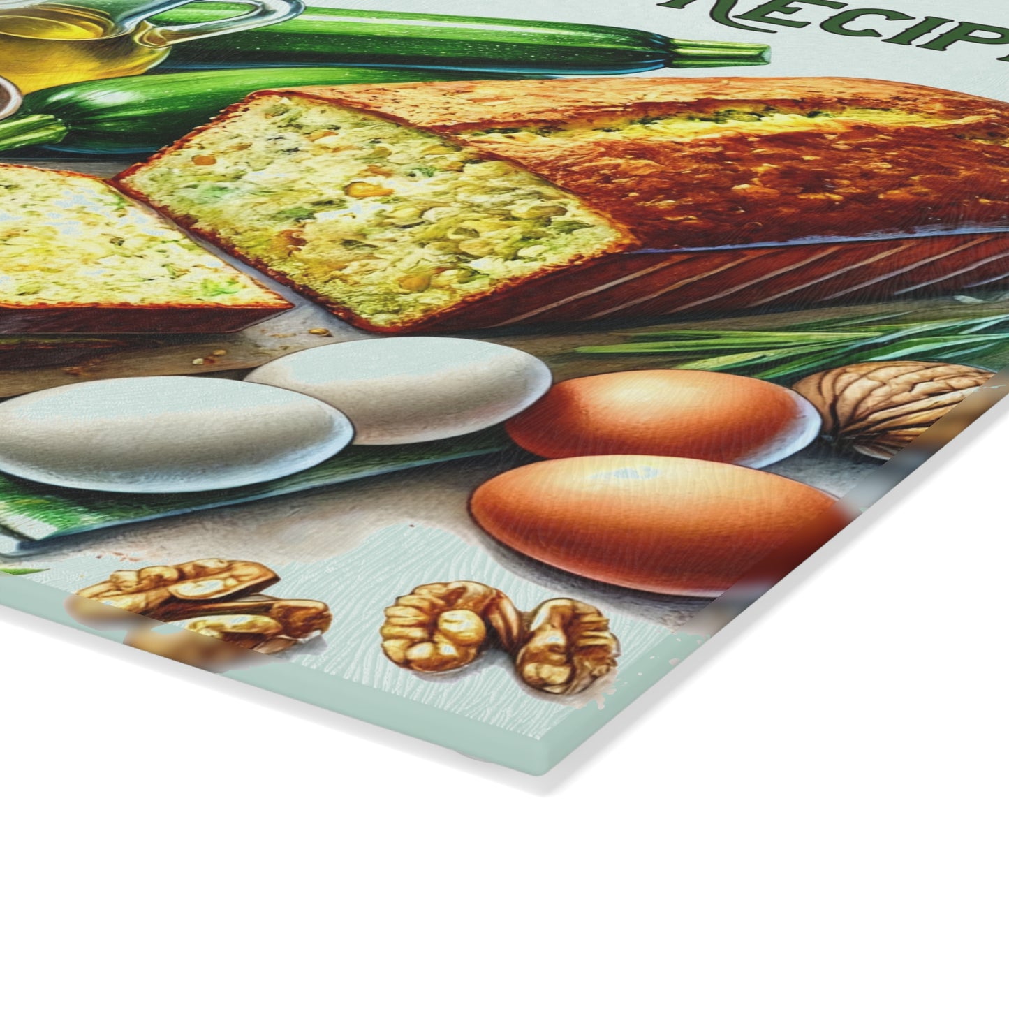 Tabla de cortar con receta de pan de calabacín: decoración de cocina encantadora con un toque delicioso
