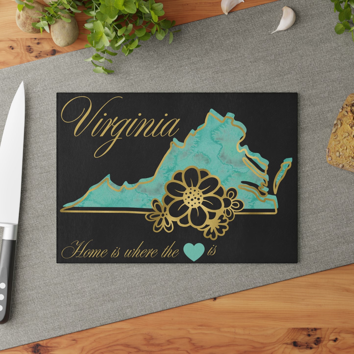 🌊 Virginia Floral State Cutting Board – Teal Tide & Golden Bloom Elegance 🌸