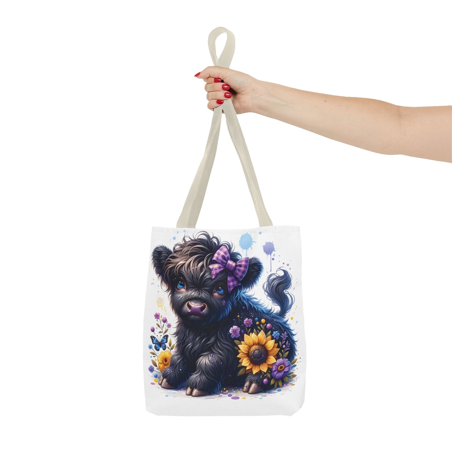 💜 Purple Bow Black Highland Calf Tote Bag – Country Charm with a Pop of Color 🐮👜