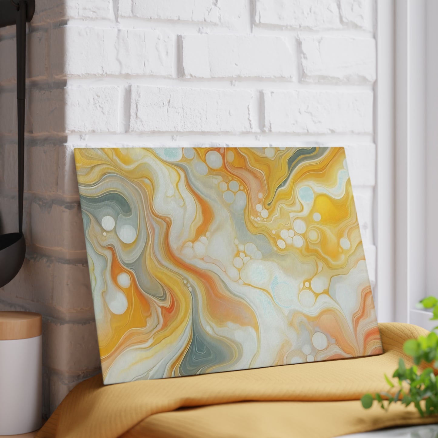 Tabla de cortar de vidrio templado con efecto mármol amarillo, gris y naranja: elegante decoración de cocina con aspecto de mármol, ideal para regalar y funcional.
