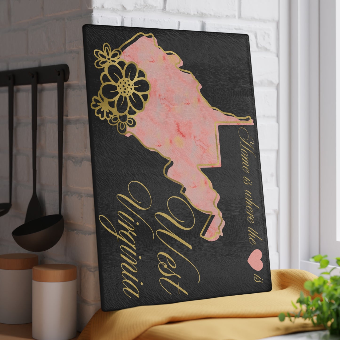 🏡 West Virginia Floral State Cutting Board – “Home is Where the Heart Is” in Blush & Gold 🌸