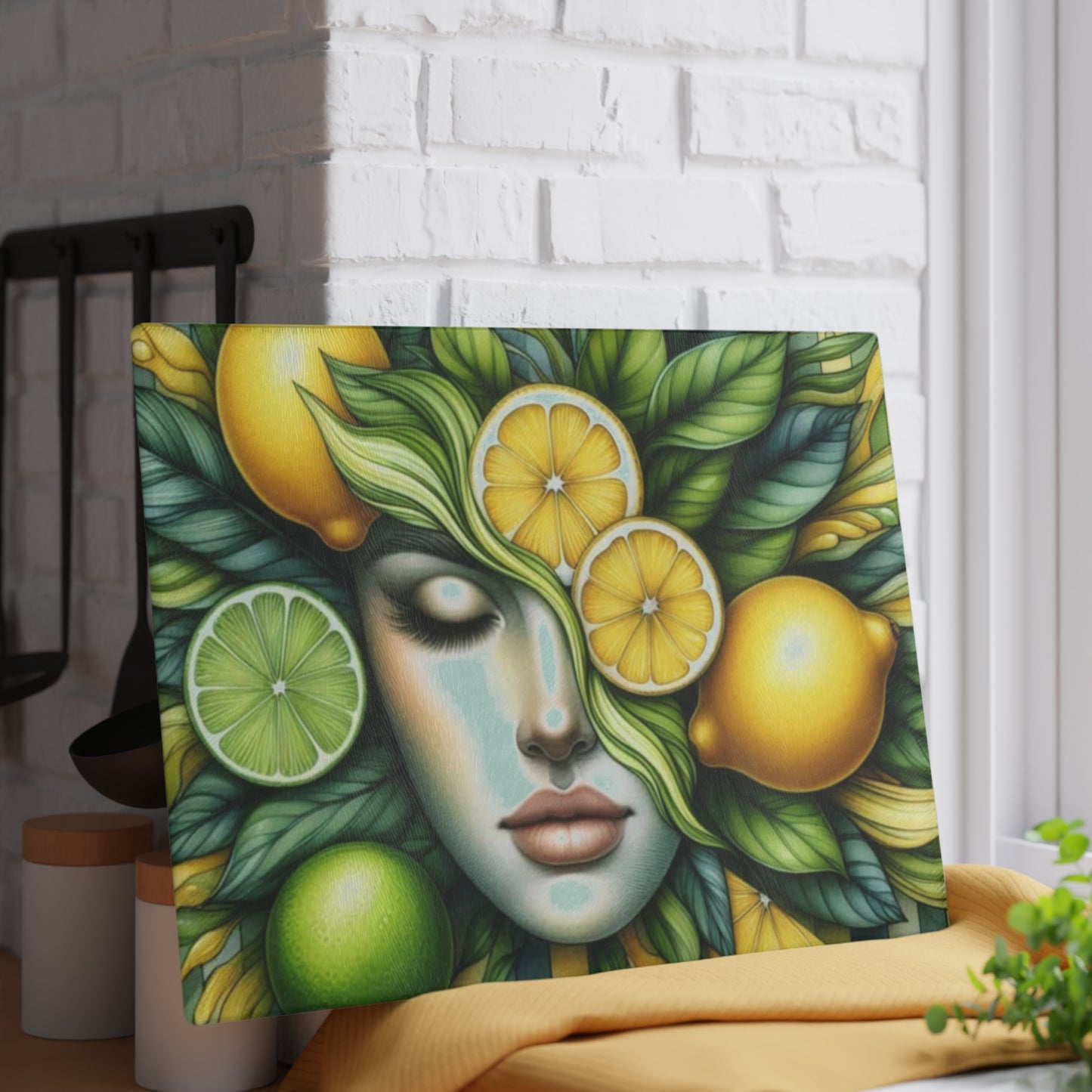 Tabla de cortar de vidrio con diseño de diosa de limón y lima: audaz, hermosa y refrescantemente única