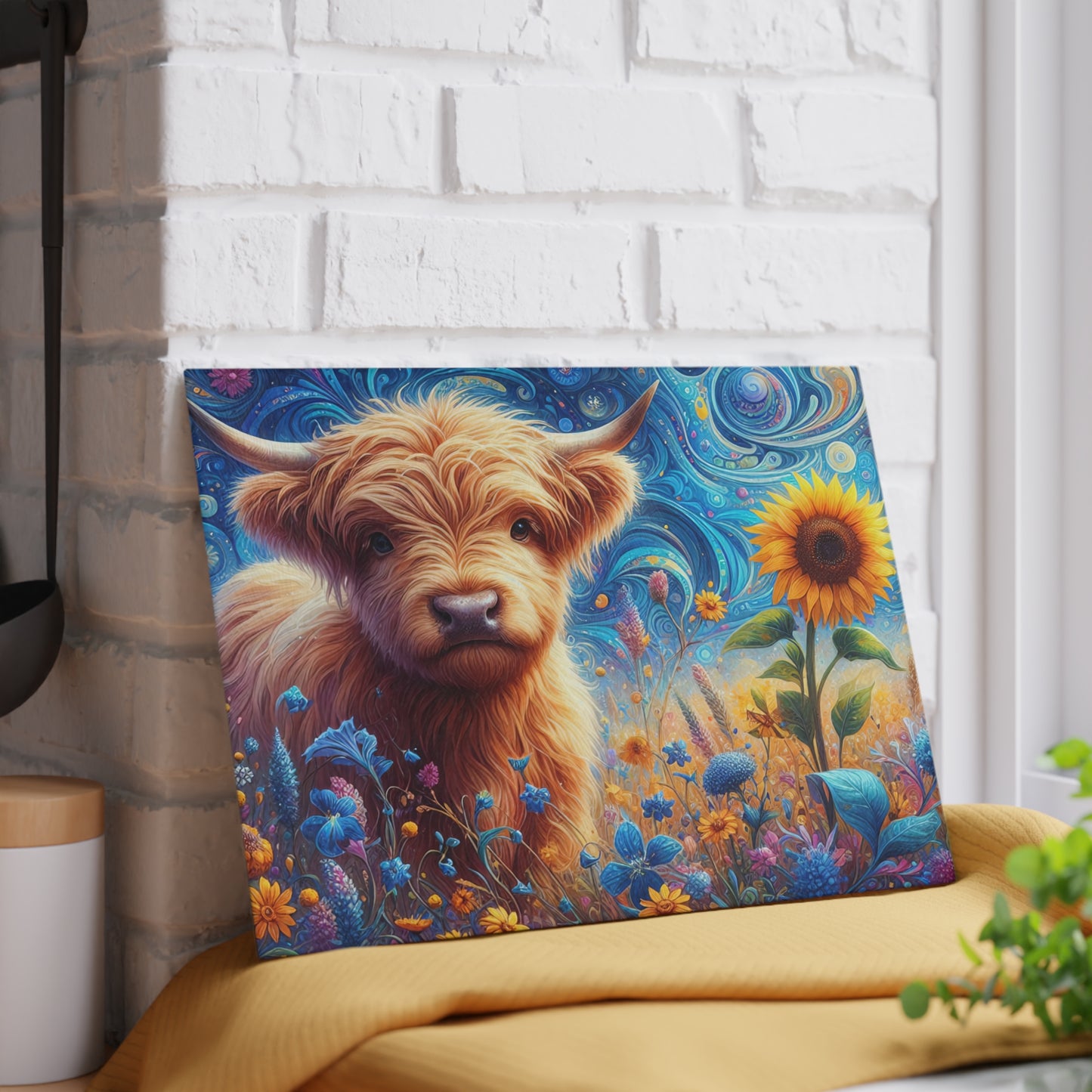 🐮🌻 Whimsy Highland Cow Glass Cutting Board – Floral Fantasy Farmhouse Style