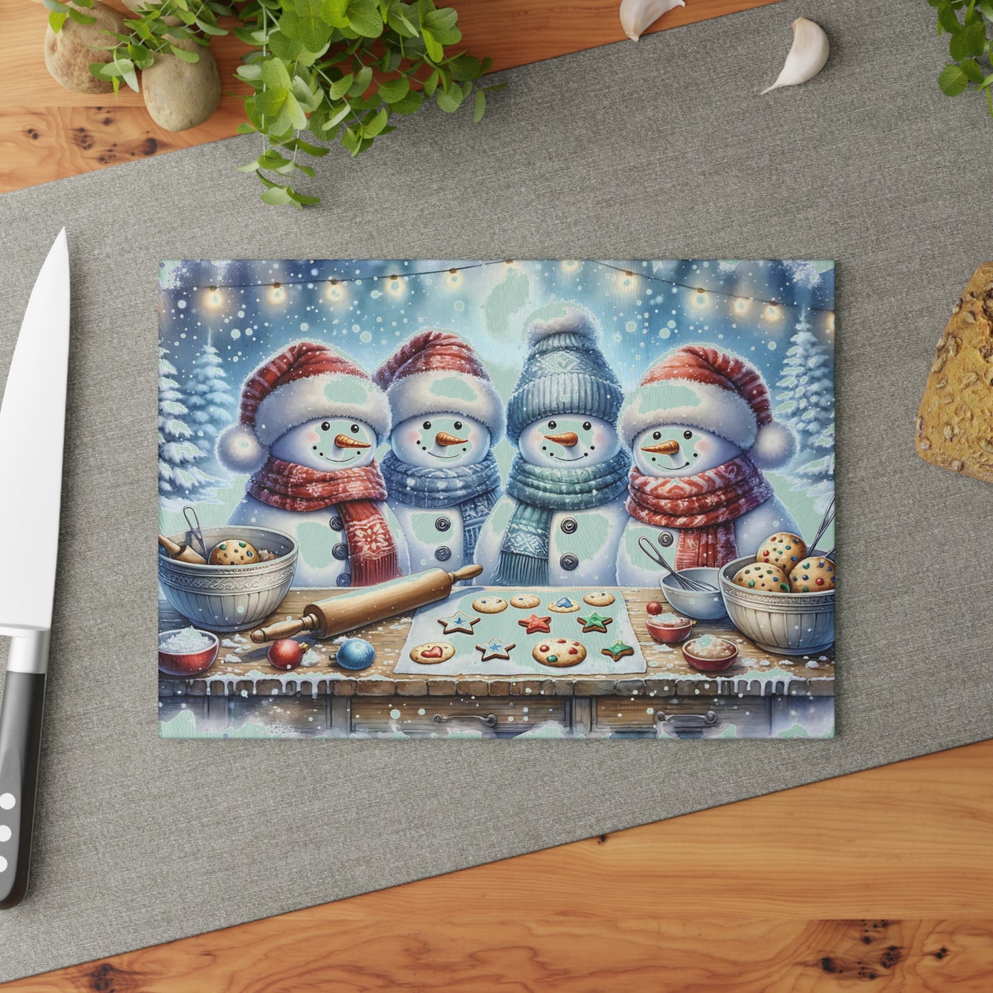 ⛄️🍪 “Snowman Cookie Crew” Glass Cutting Board – Cozy Charm for Your Kitchen