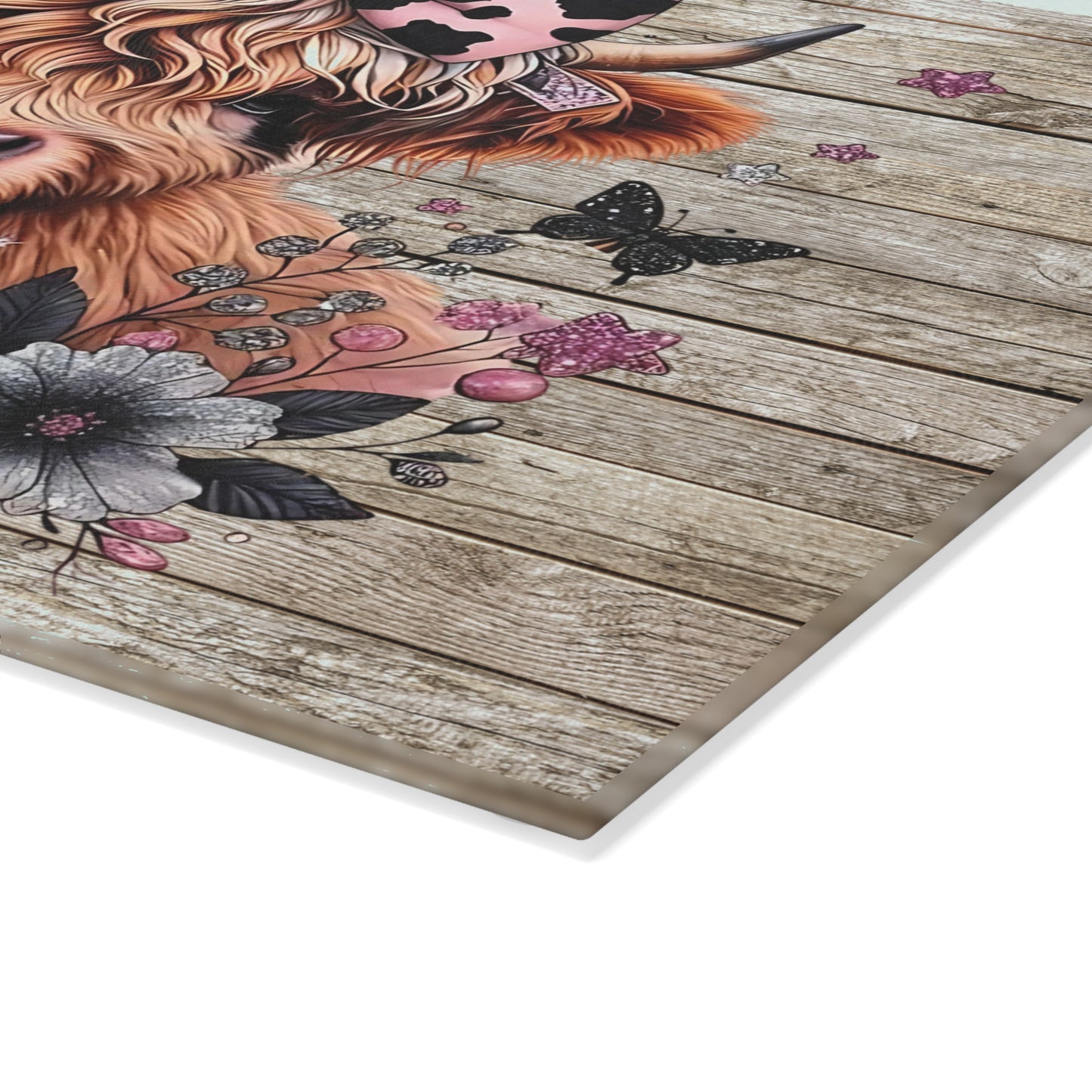 🐮 Pink Bow Highland Cow Cutting Board – Rustic Farmhouse Charm Meets Floral Elegance 🌸