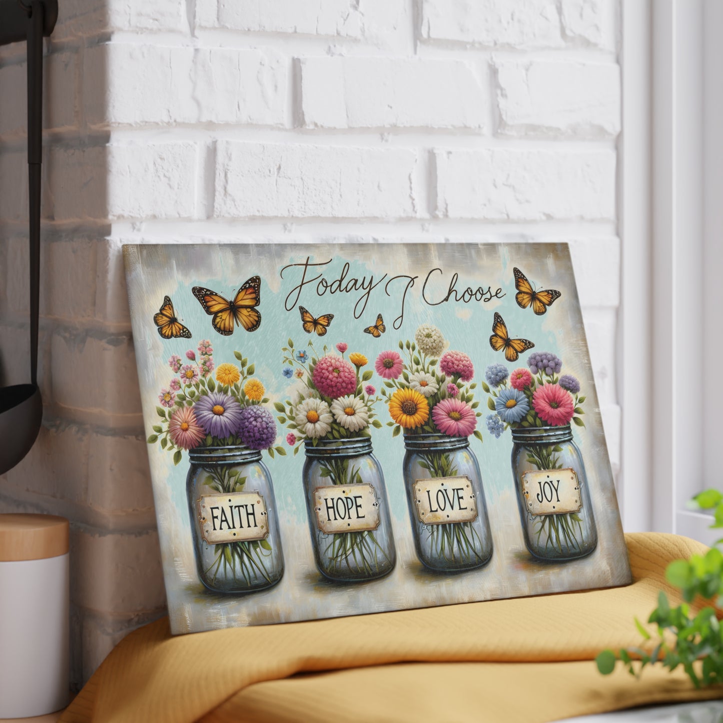 🌼 Hoy elijo – Tabla de cortar de fe, esperanza, amor y alegría – Decoración floral inspiradora para la cocina