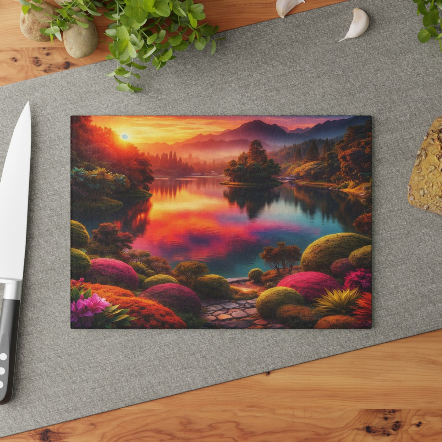 Sunset Garden Lake Glass Cutting Board – Vibrant Nature Landscape Kitchen Art