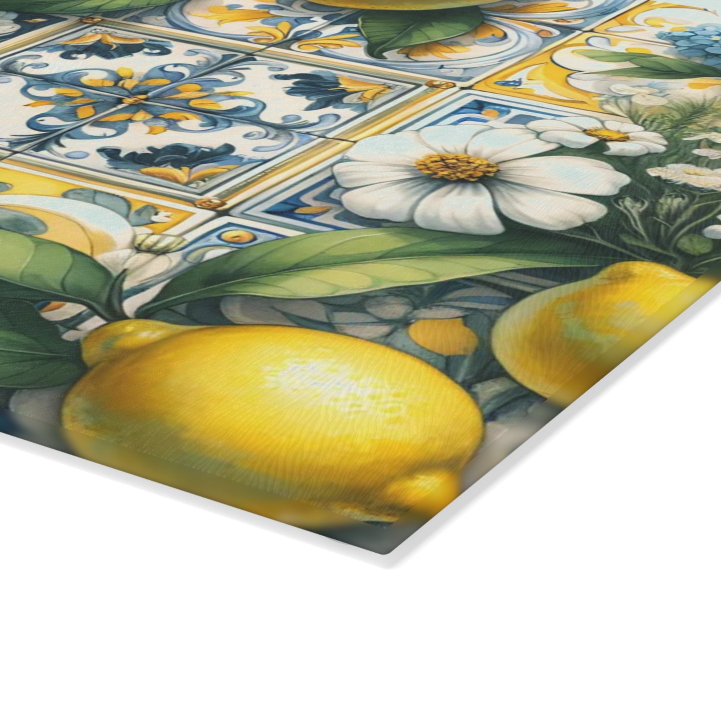 🍋🌼 Lemon Tile Floral Cutting Board – Mediterranean Charm for Your Kitchen 🌸🍋