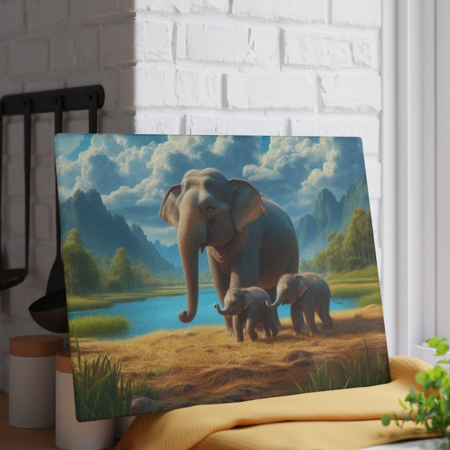 🐘🌿 Elephant Family Glass Cutting Board – Serene Nature Elegance for Your Kitchen 🌊