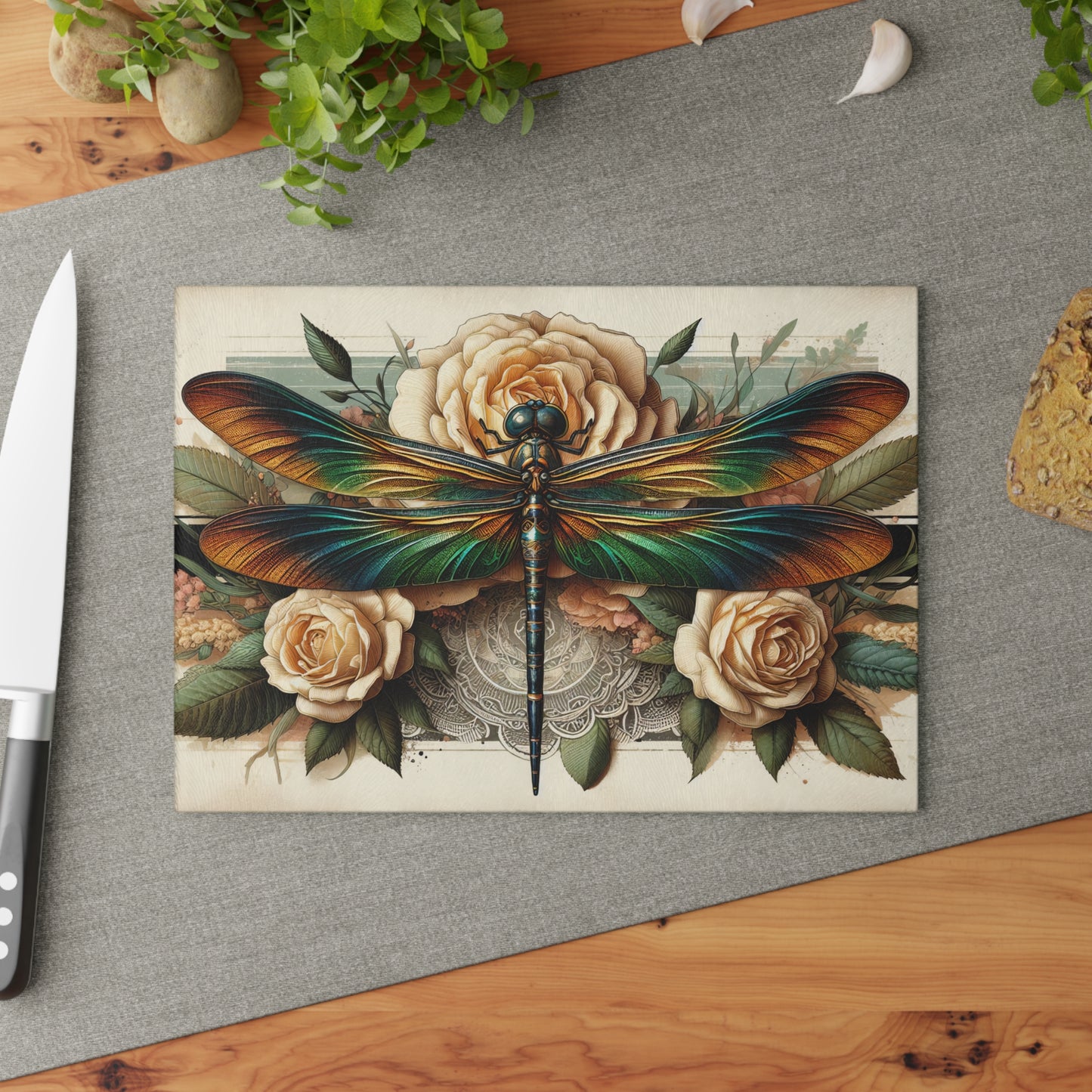 Vintage Dragonfly & Rose Cutting Board – Elegant Botanical Art
