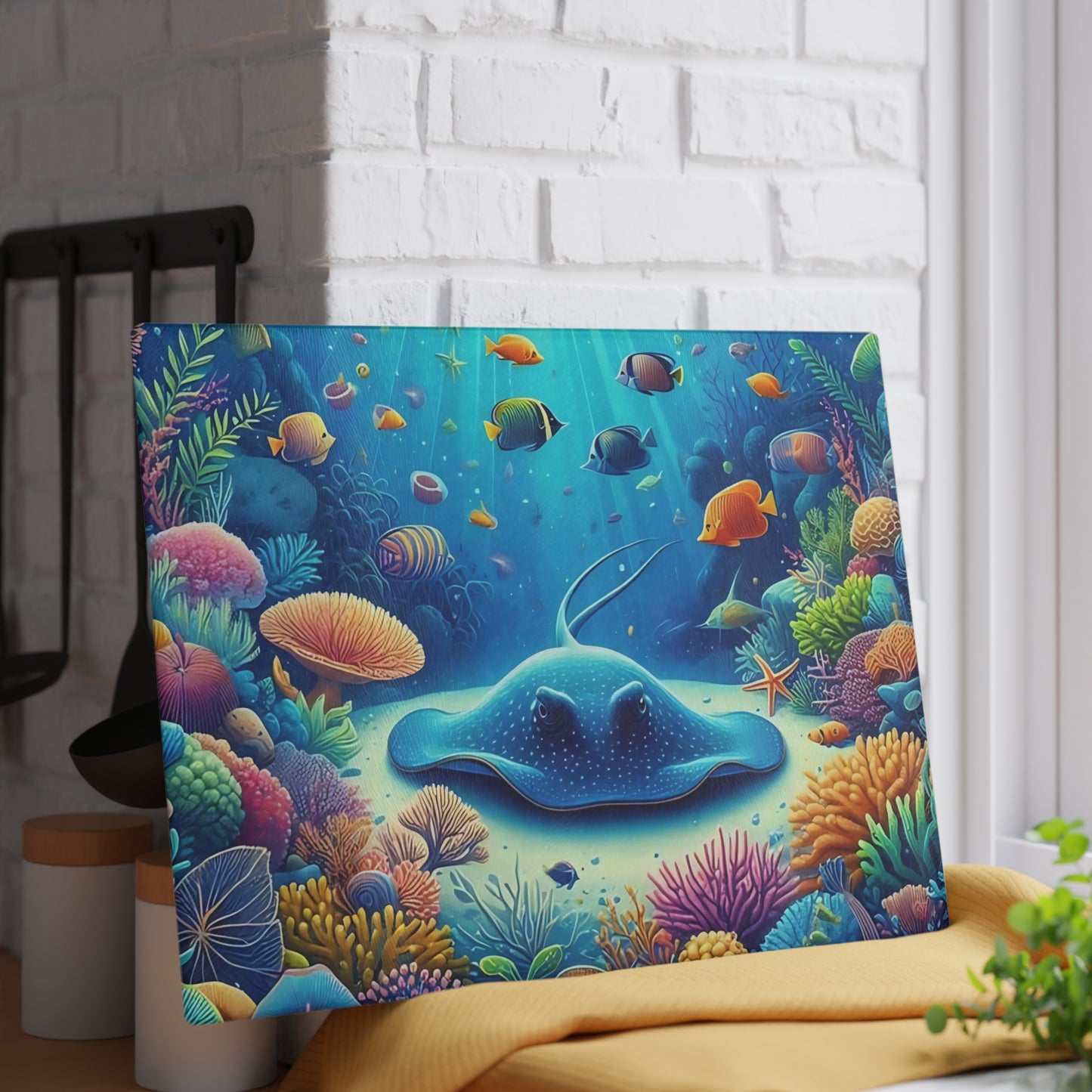 Stingray & Coral Reef Glass Cutting Board – Ocean Life Kitchen Decor with Saltwater Fish
