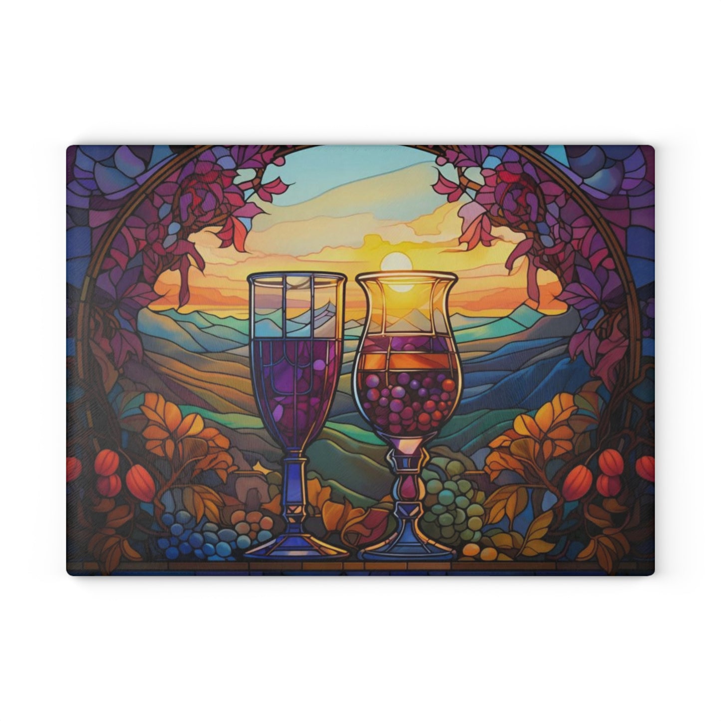 Tabla de cortar de vidrio templado con copas de vino de colores – Diseño Sunset Vineyard