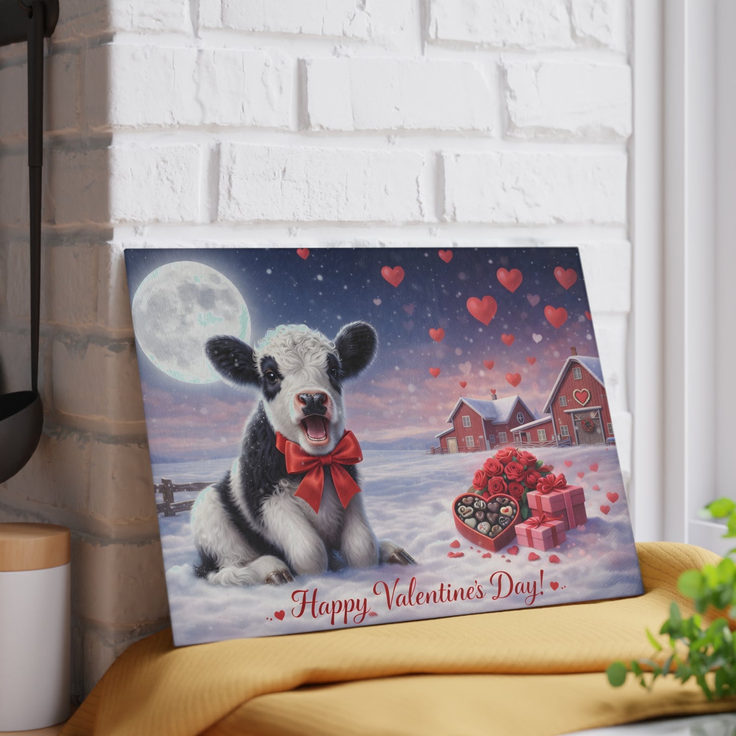 Valentine Calf Moonlight Farm Glass Cutting Board – Cozy Winter Farm Love Scene Kitchen Accent