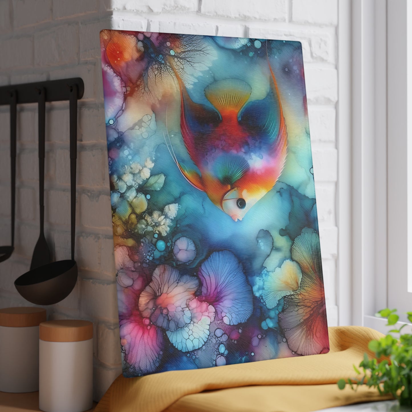 Tabla de cortar de vidrio con diseño de peces tropicales: arte oceánico con acuarela vibrante para exhibir en la cocina