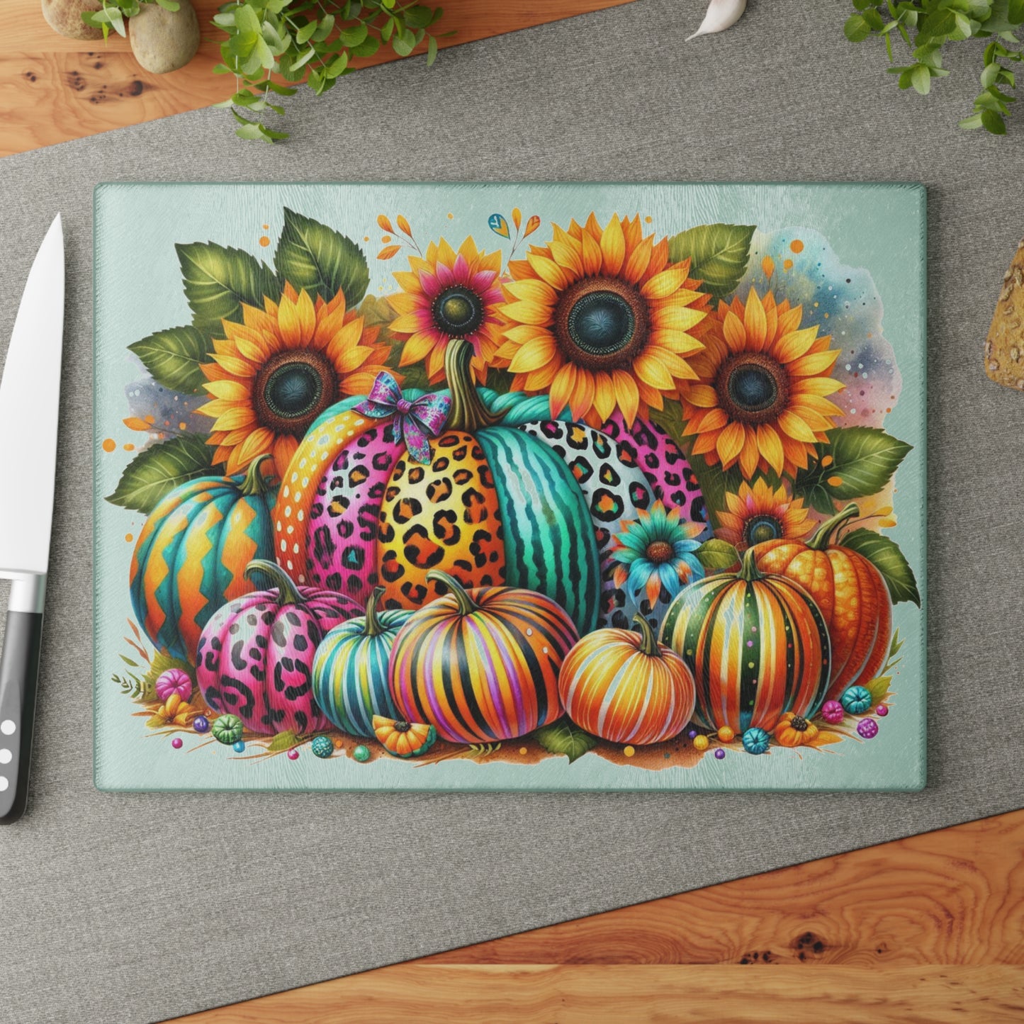 🎃 Rainbow Pumpkins & Sunflowers Cutting Board – Bright Fall Whimsy with a Wild Twist