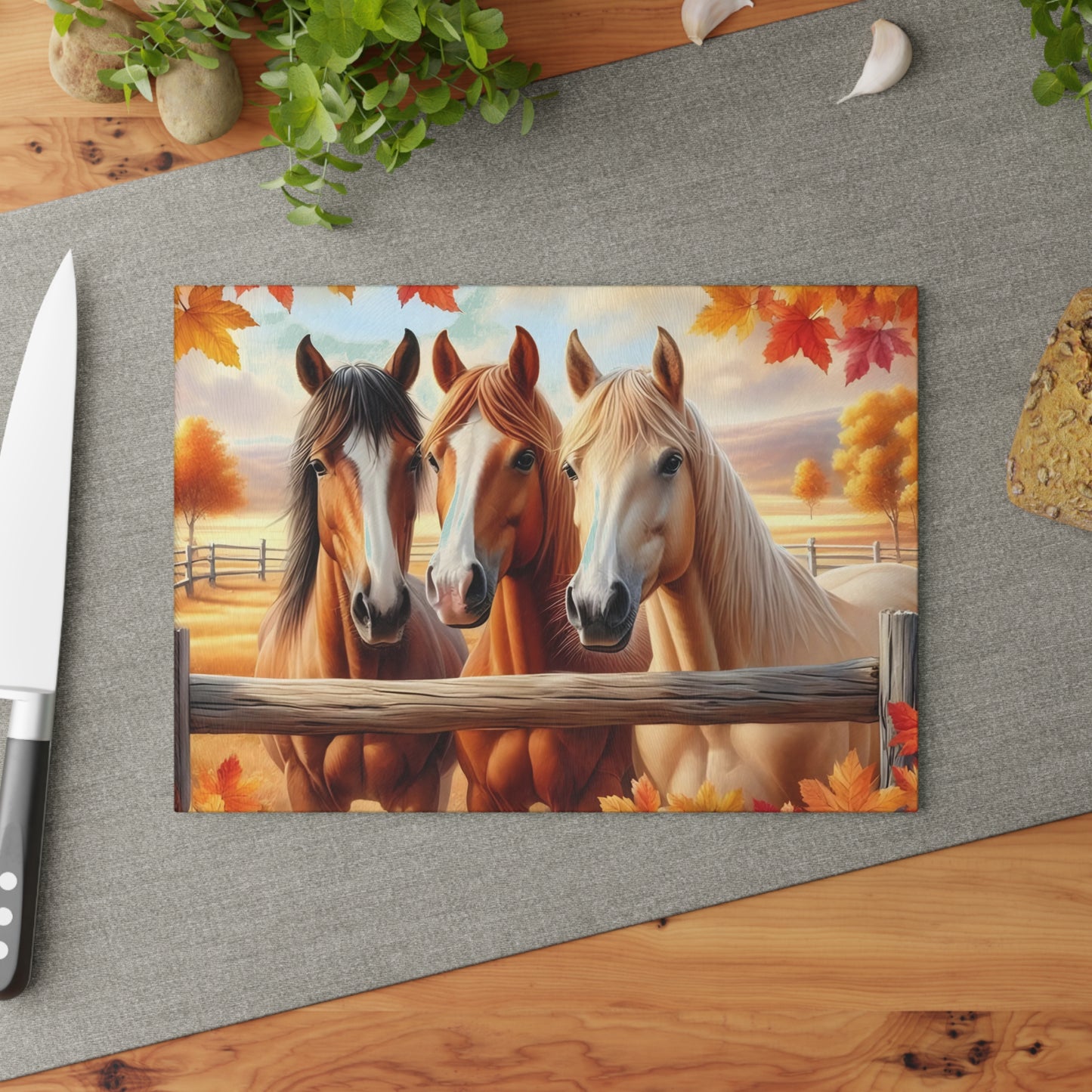 🐴 Autumn Pasture Horses Cutting Board – Rustic Elegance for Your Kitchen 🍂