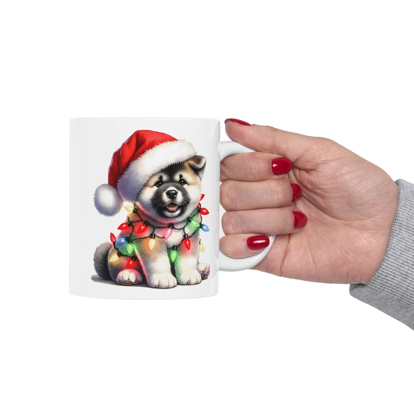 🎅 Akita Christmas Mug – Festive Puppy with Santa Hat & Holiday Lights 🎄