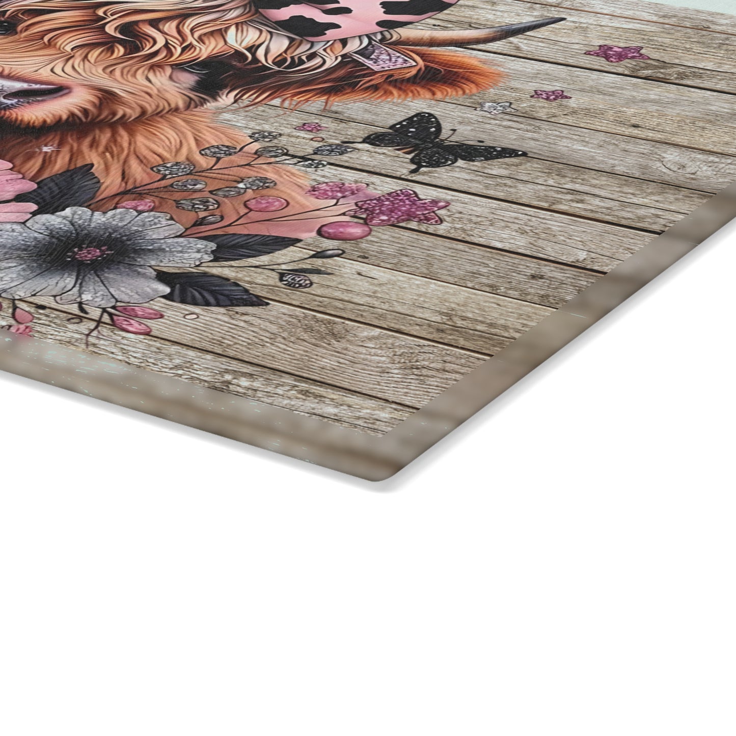 🐮 Pink Bow Highland Cow Cutting Board – Rustic Farmhouse Charm Meets Floral Elegance 🌸