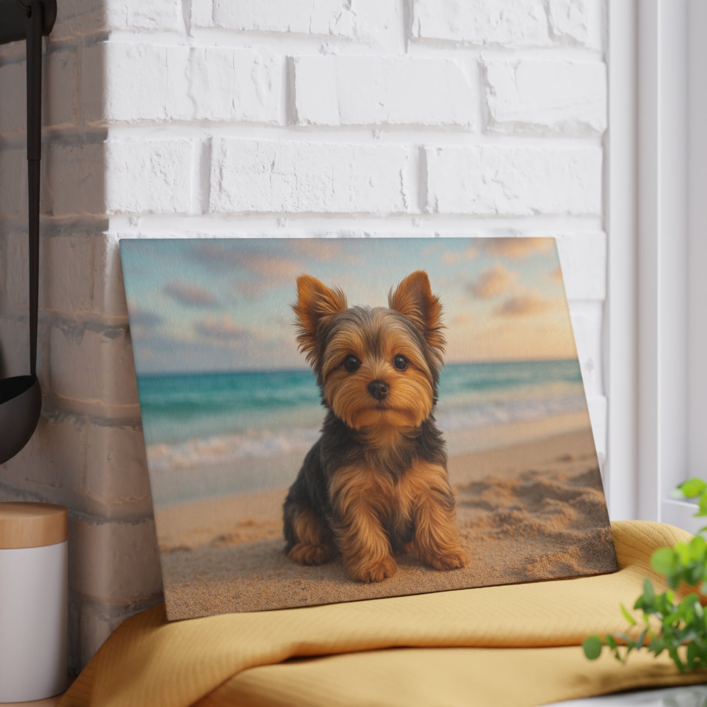 ๐พ๐ Yorkie Puppy at the Beach Cutting Board โ Coastal Cuteness for Your Kitchen ๐