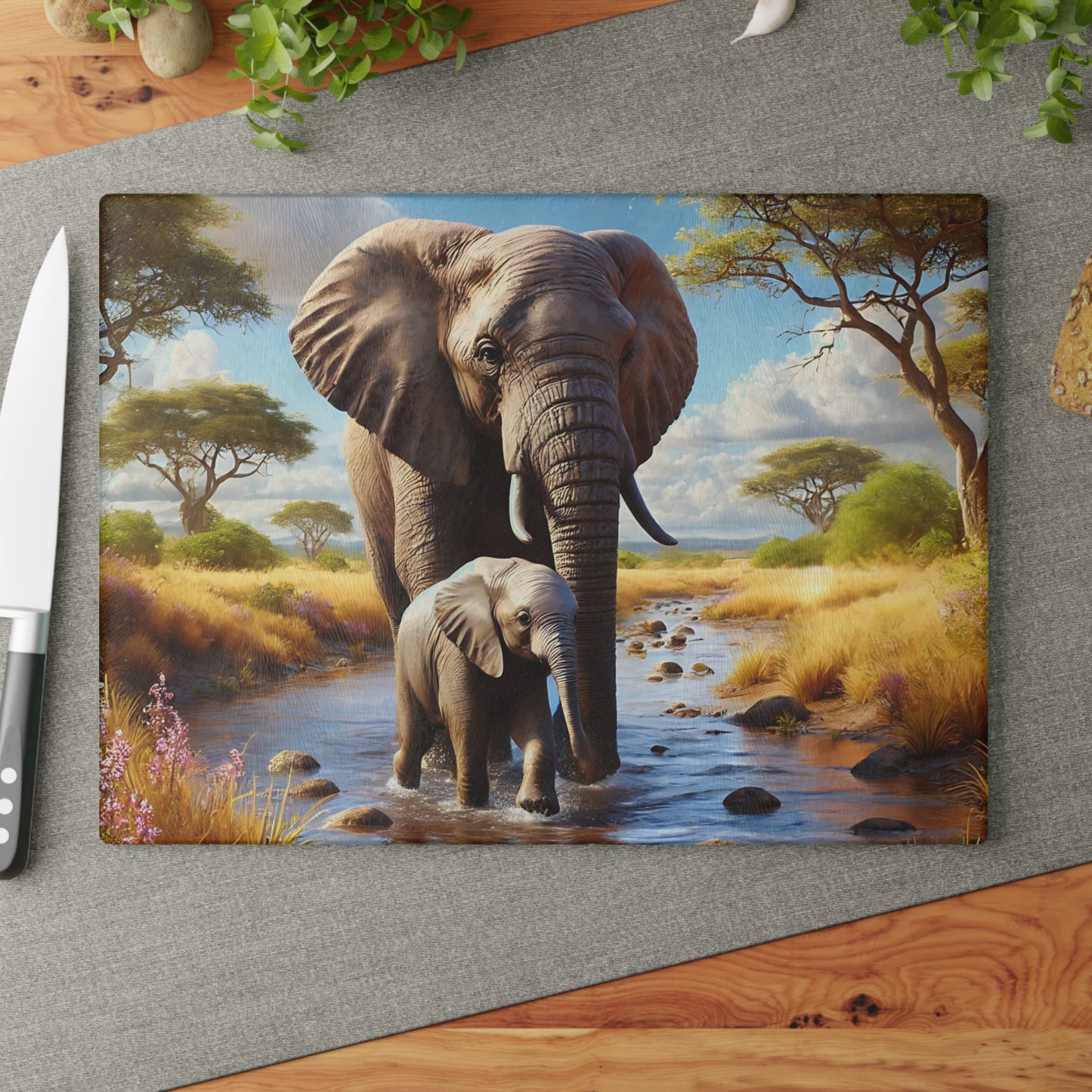 Mama Elephant and baby tempered glass cutting board