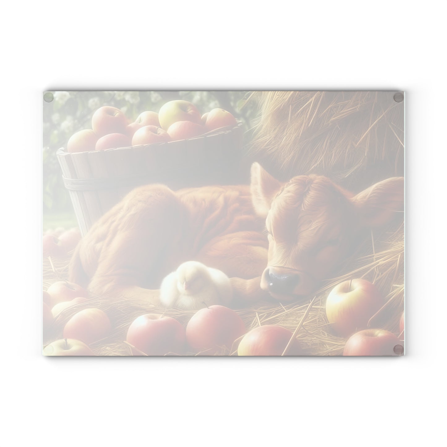 Tabla de cortar con diseño de vaca y pollito en heno con manzanas, regalo único, tabla de cortar de vidrio, tabla de charcutería, tabla de cortar personalizada