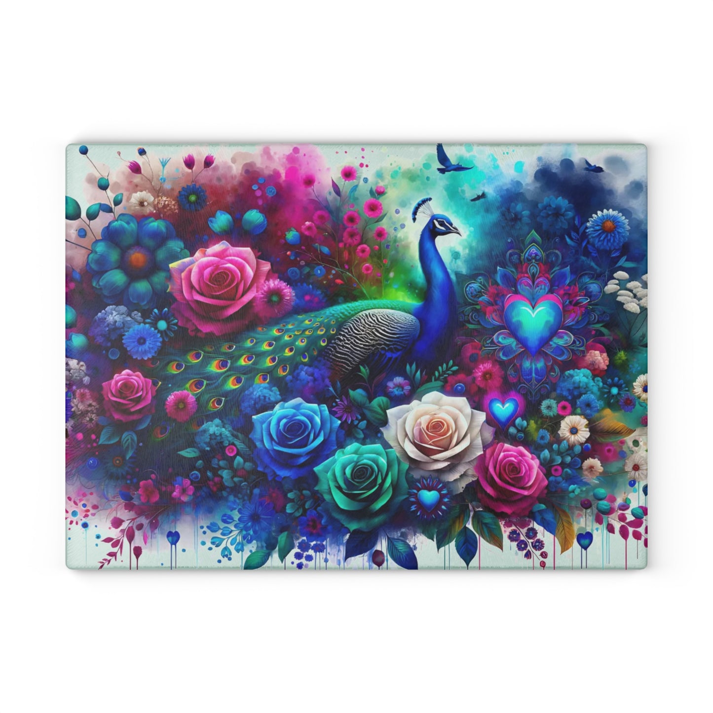 🦚🌹 Peacock Rainbow Floral Cutting Board – Vibrant Elegance Meets Artistic Charm 💙🌸