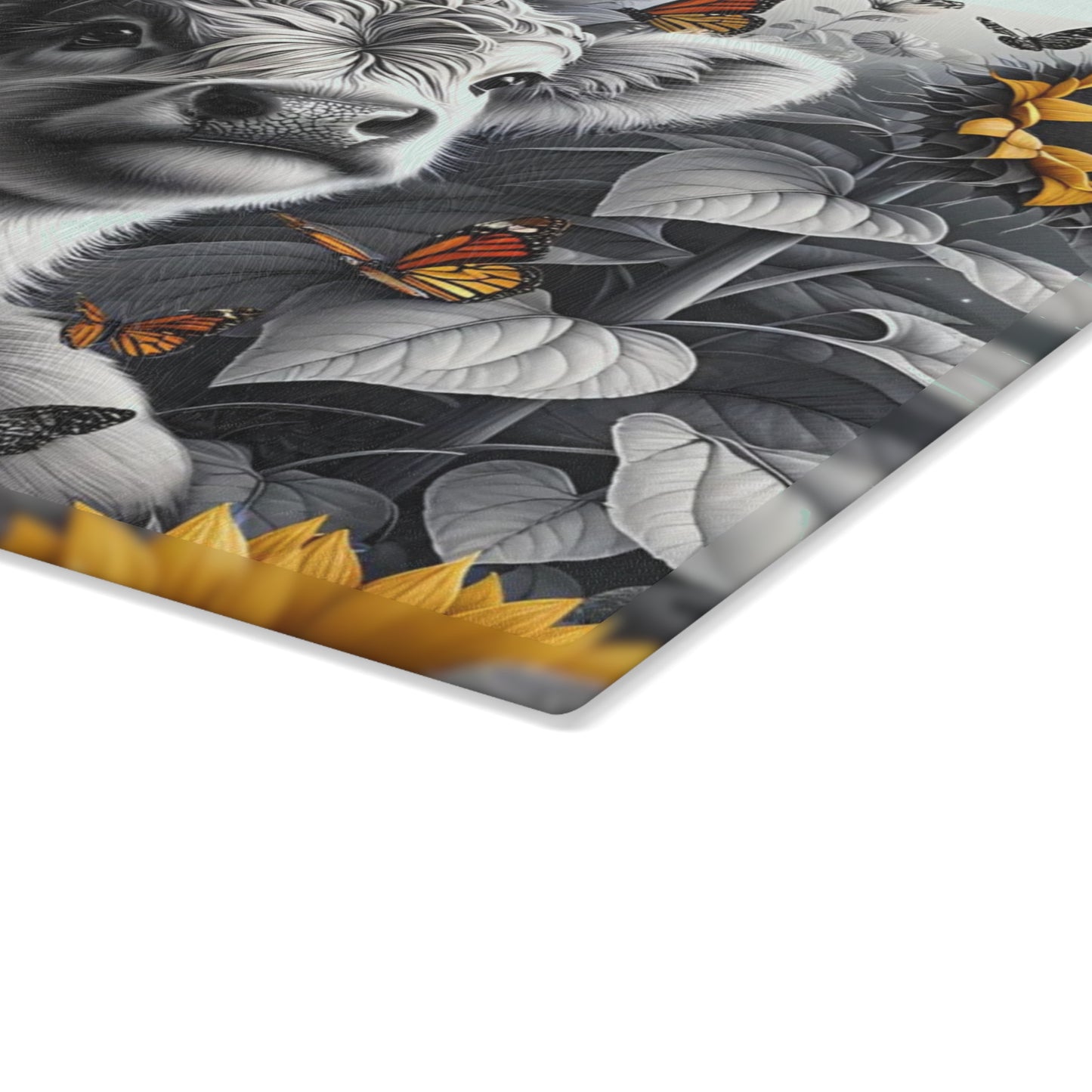 🐮 Black & White Calf with Sunflowers & Butterflies Cutting Board – Rustic Farmhouse Beauty in Glass