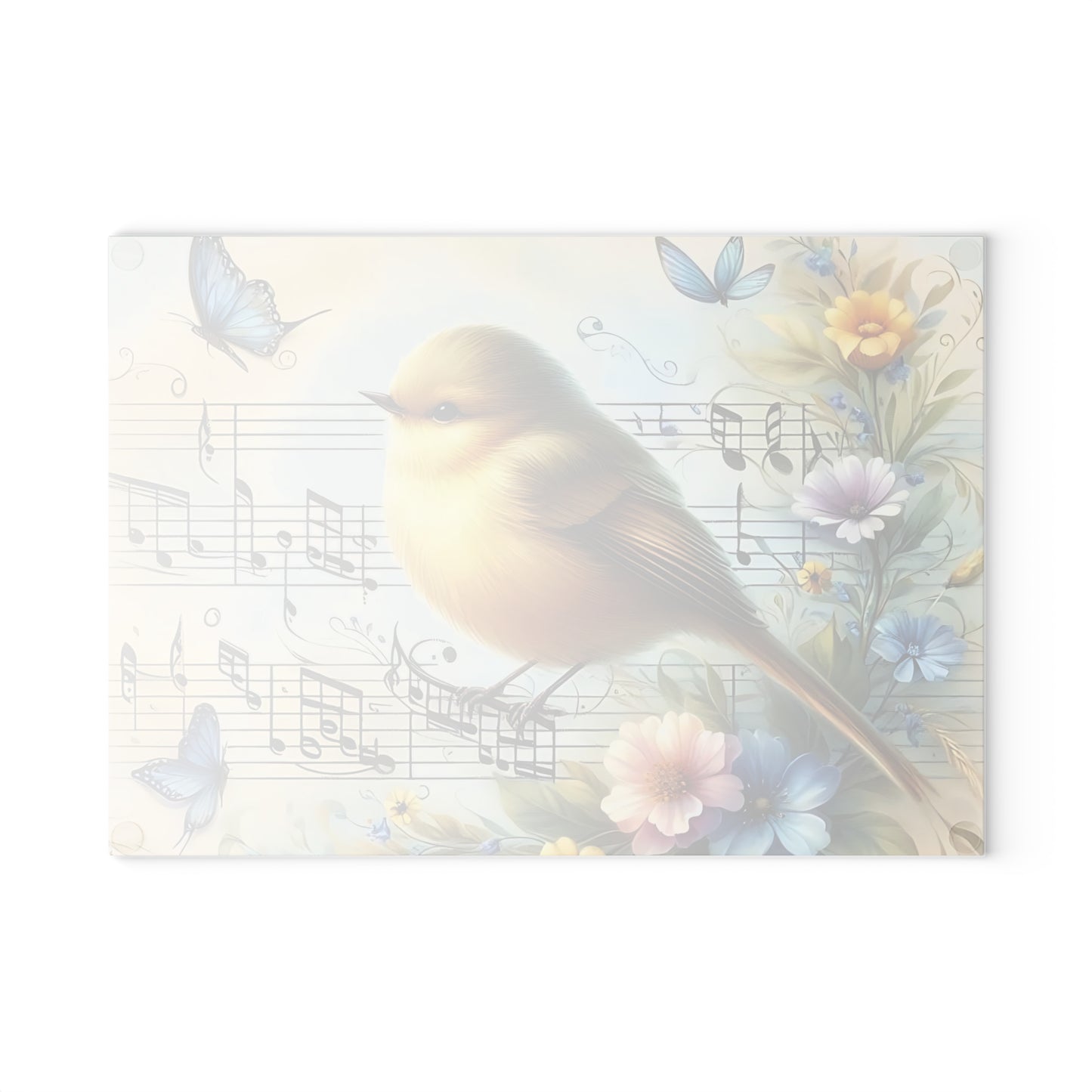 Tabla de cortar de vidrio templado con forma de pájaro rodeada de mariposas, flores y notas musicales.