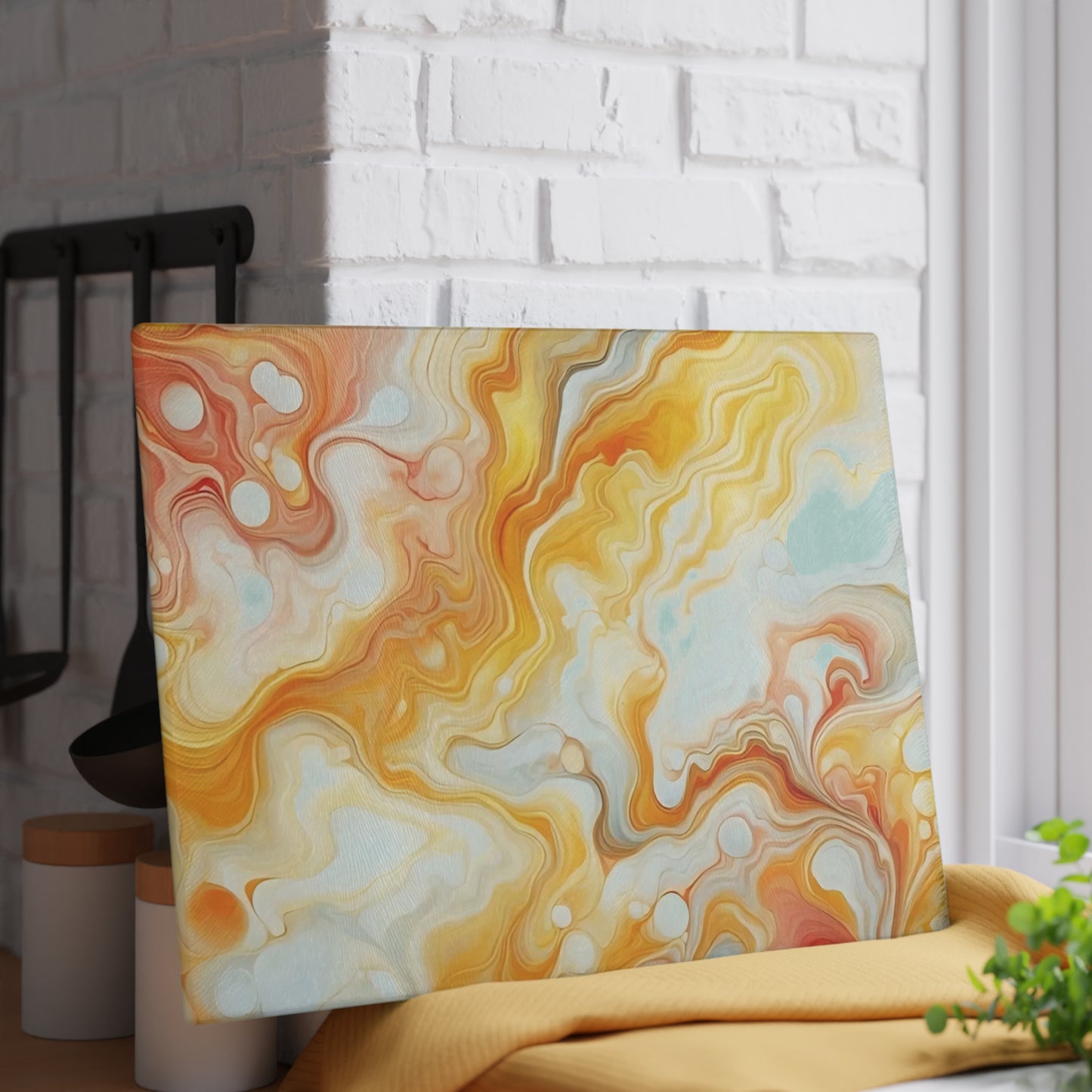 Tabla de cortar de vidrio templado con efecto mármol amarillo, gris y naranja: elegante decoración de cocina con aspecto de mármol, ideal para regalar y funcional.