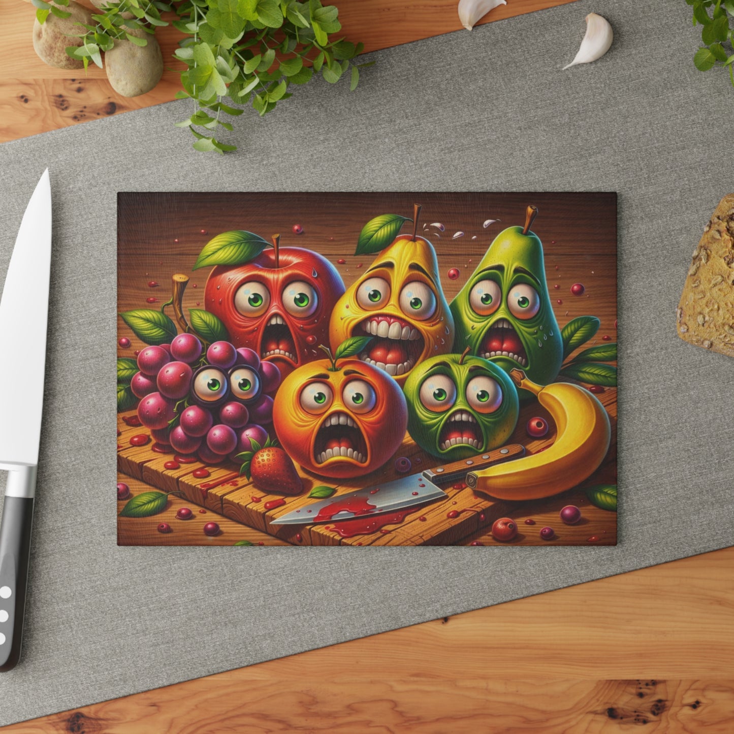 Kitchen Crime Scene Glass Cutting Board – Funny Fruit Kitchen Humor Design