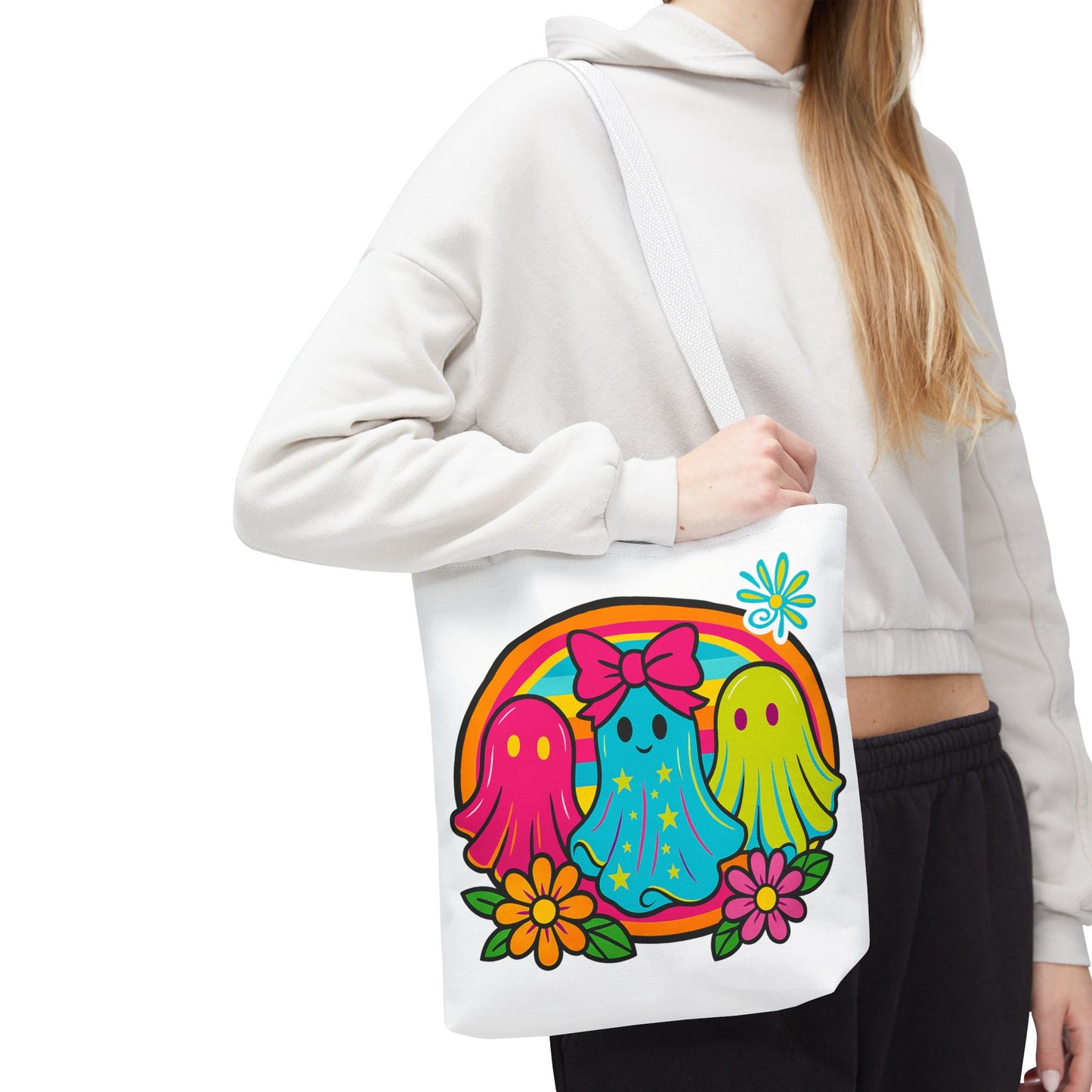 ๐ Retro Rainbow Ghosts Tote Bag โ Groovy Spooky Fun ๐ป๐