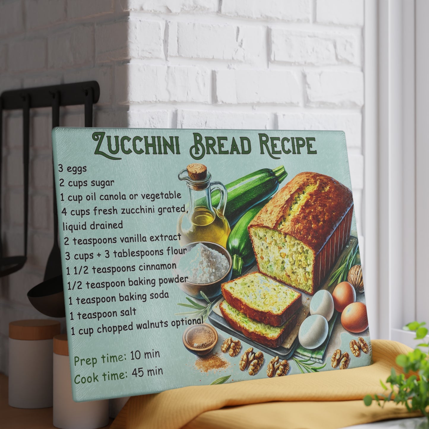 Tabla de cortar con receta de pan de calabacín: decoración de cocina encantadora con un toque delicioso