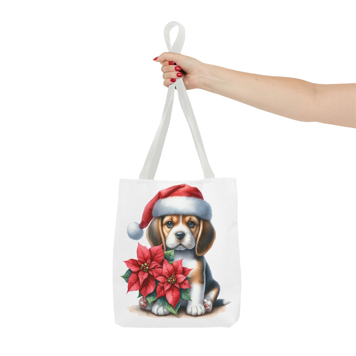 🐶 Beagle Puppy & Poinsettia Christmas Tote Bag – Sweet Holiday Charm in Every Step 🎄
