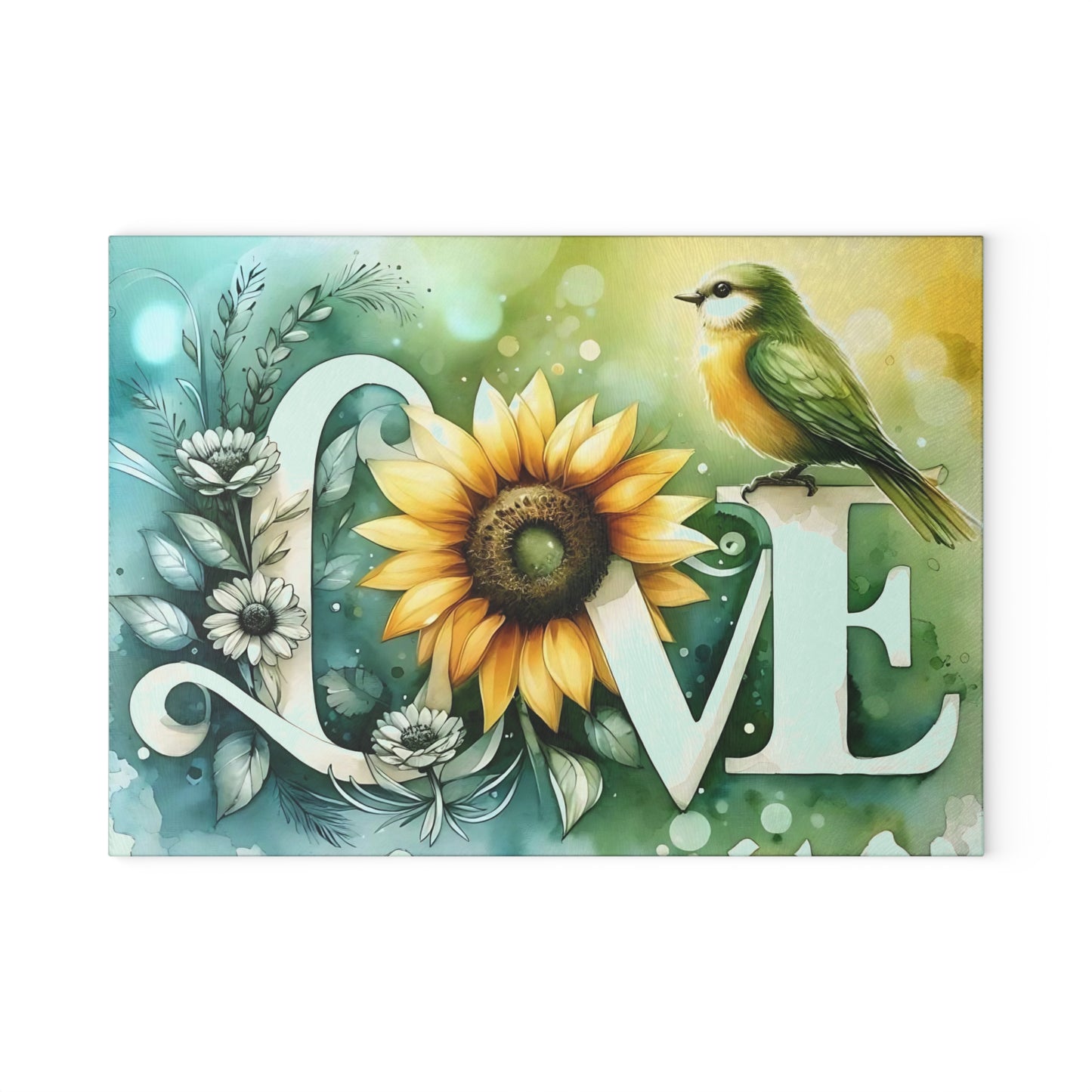 Tabla de cortar, diseño de amor con pájaros y girasoles, decoración de cocina, bandeja de vidrio para servir, regalo de inauguración de la casa, utensilio de cocina
