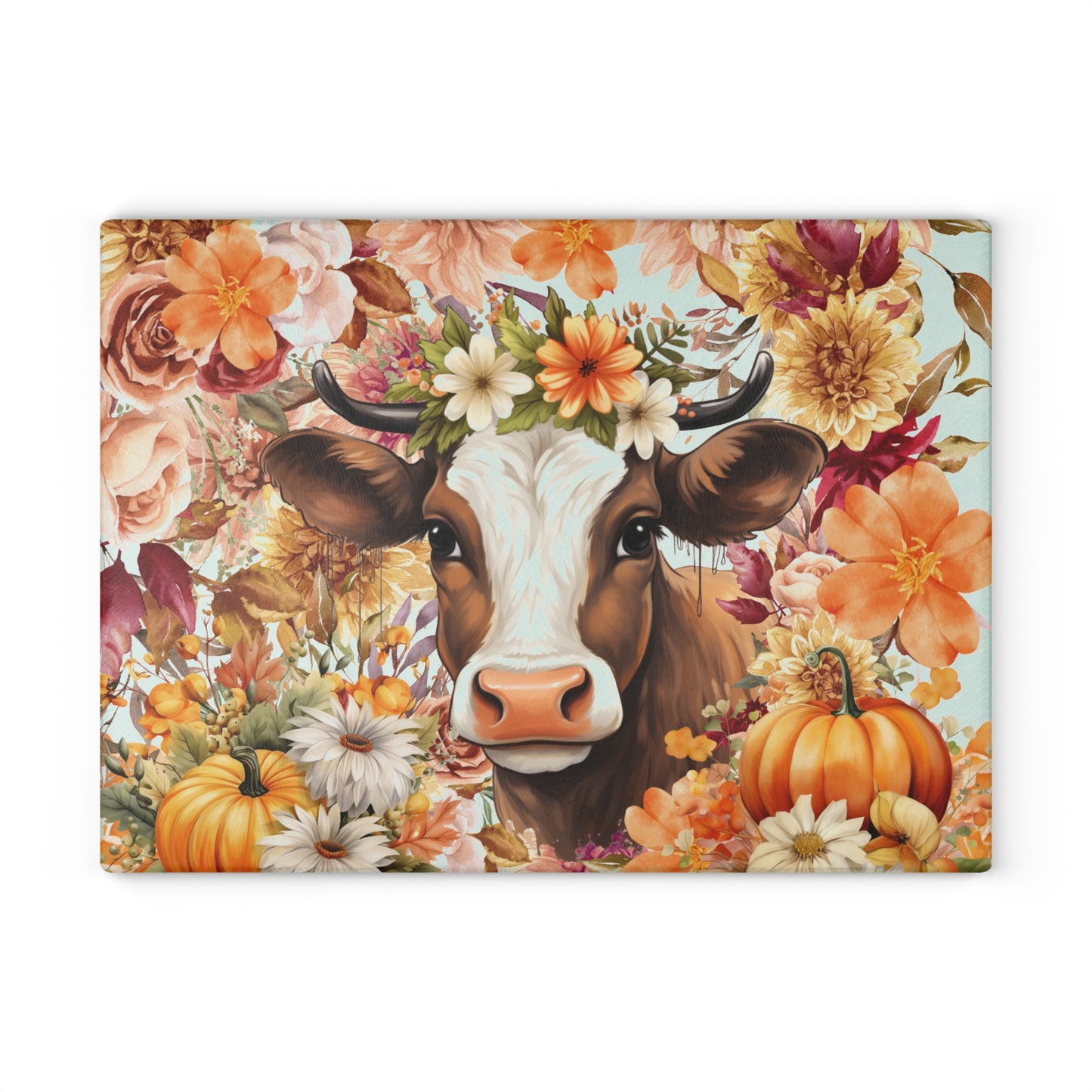 cow🐄🌸 Floral Cow with Pumpkins Cutting Board – Cozy Autumn Charm for Your Country Kitchen