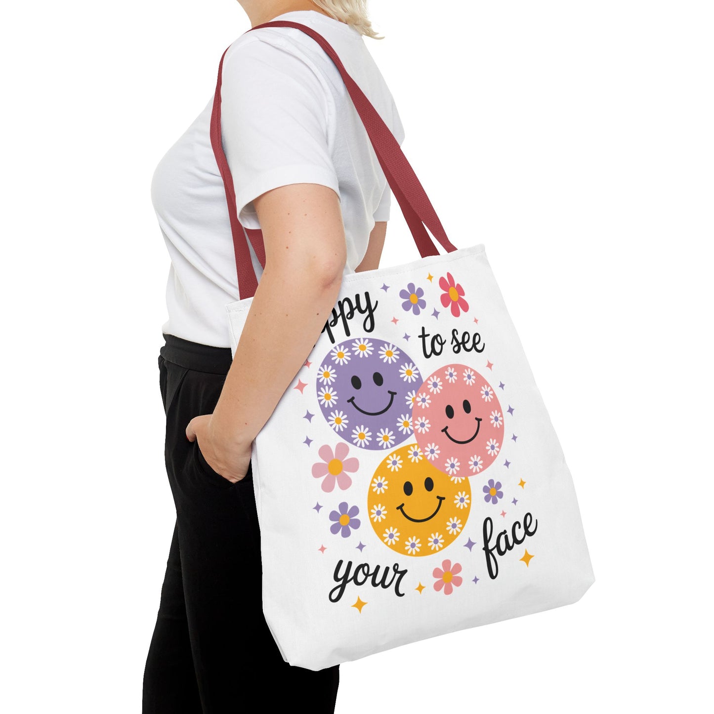 ๐ผ Happy Face Daisy Tote Bag โ Retro Smiles with Floral Charm ๐ธ