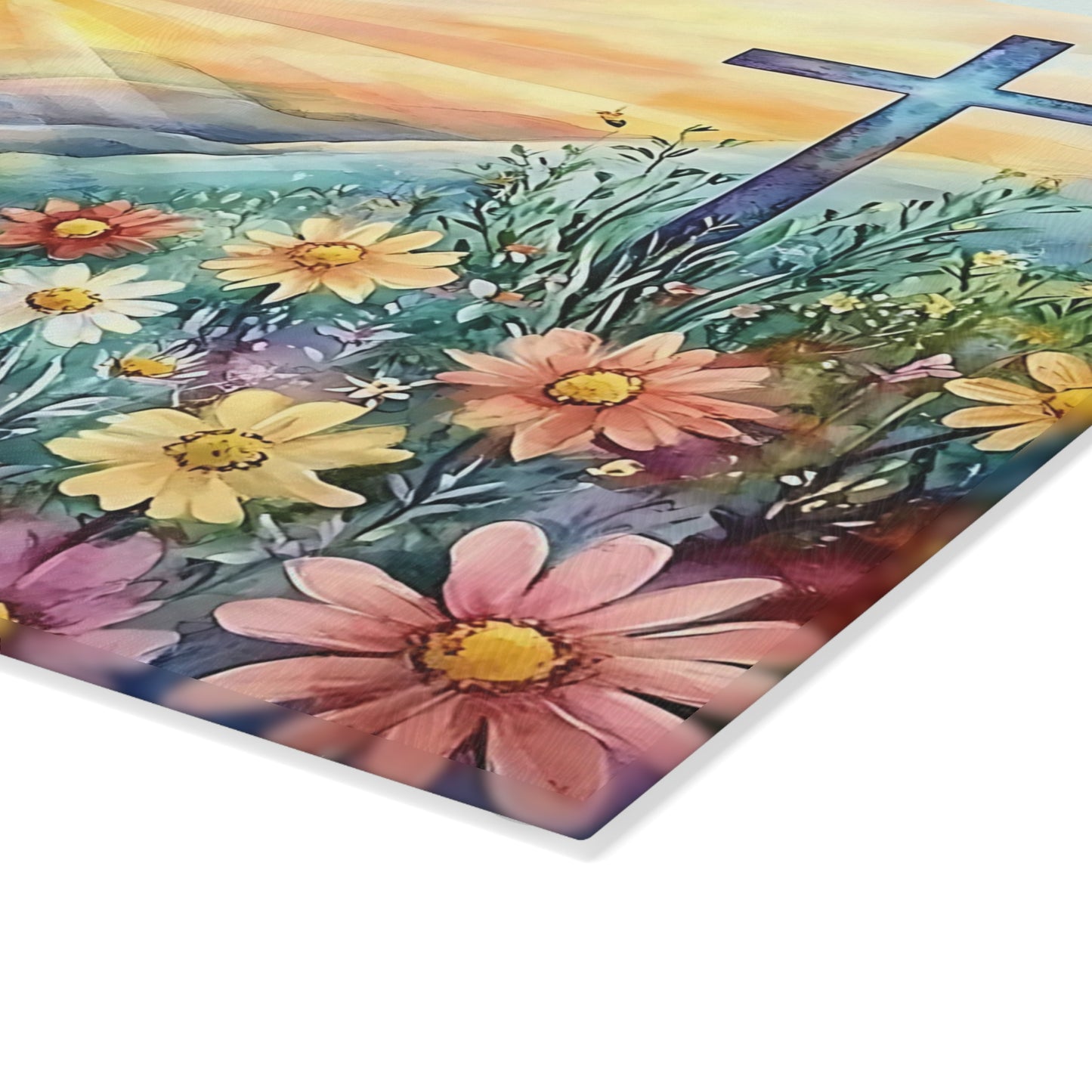 🌄🌸 Sunrise Mountain Cross Cutting Board – Peaceful Faith Kitchen Décor with Florals & Radiant Light ✝️✨