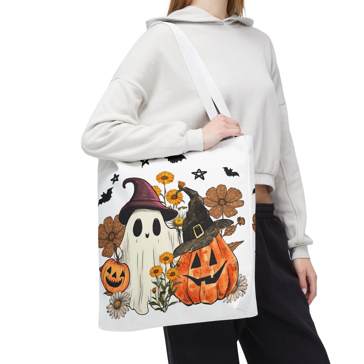 🎃 Ghost & Pumpkin Floral Tote Bag – Whimsical Halloween Charm 👻👜