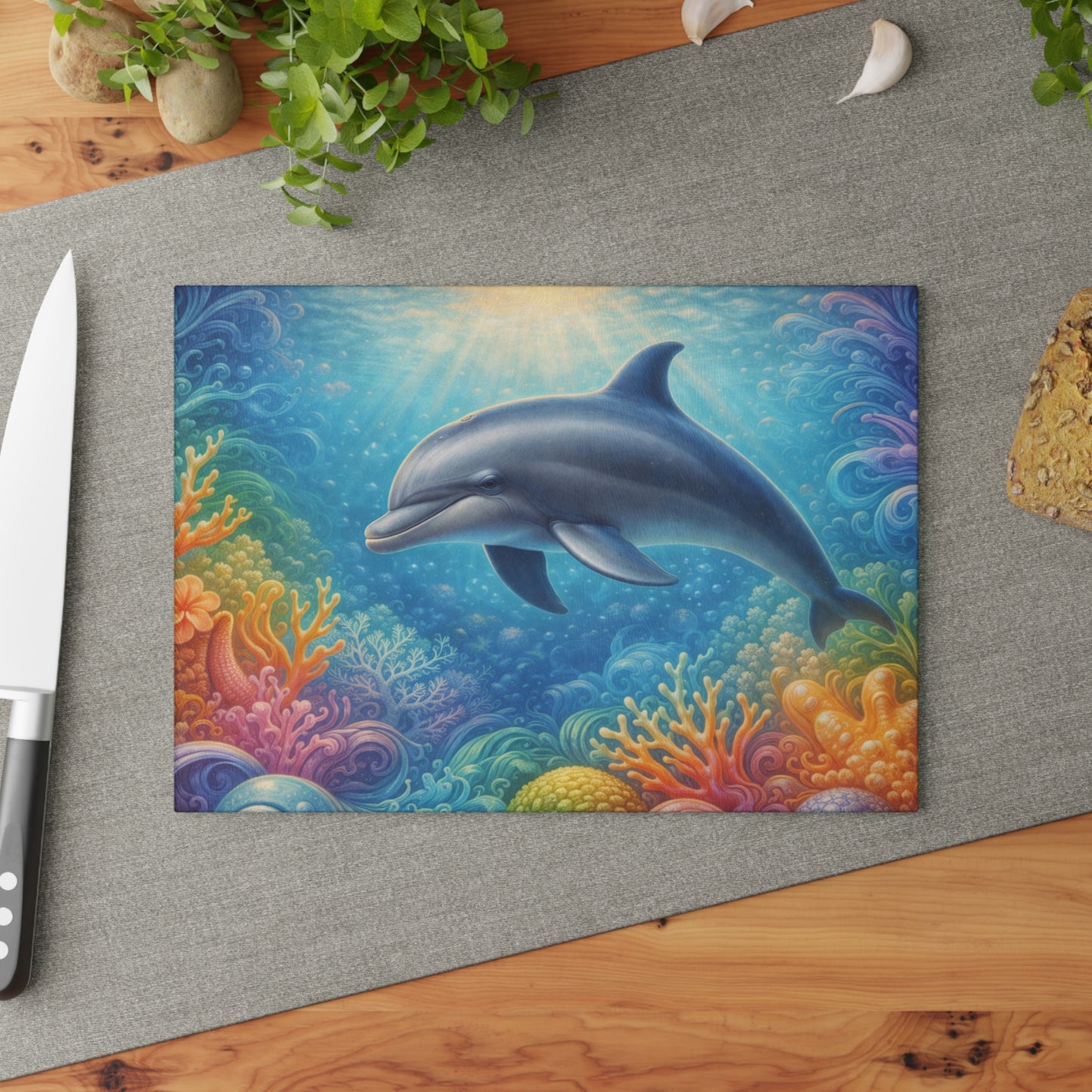 Peaceful Dolphin Glass Cutting Board – Tranquil Ocean Life Artwork
