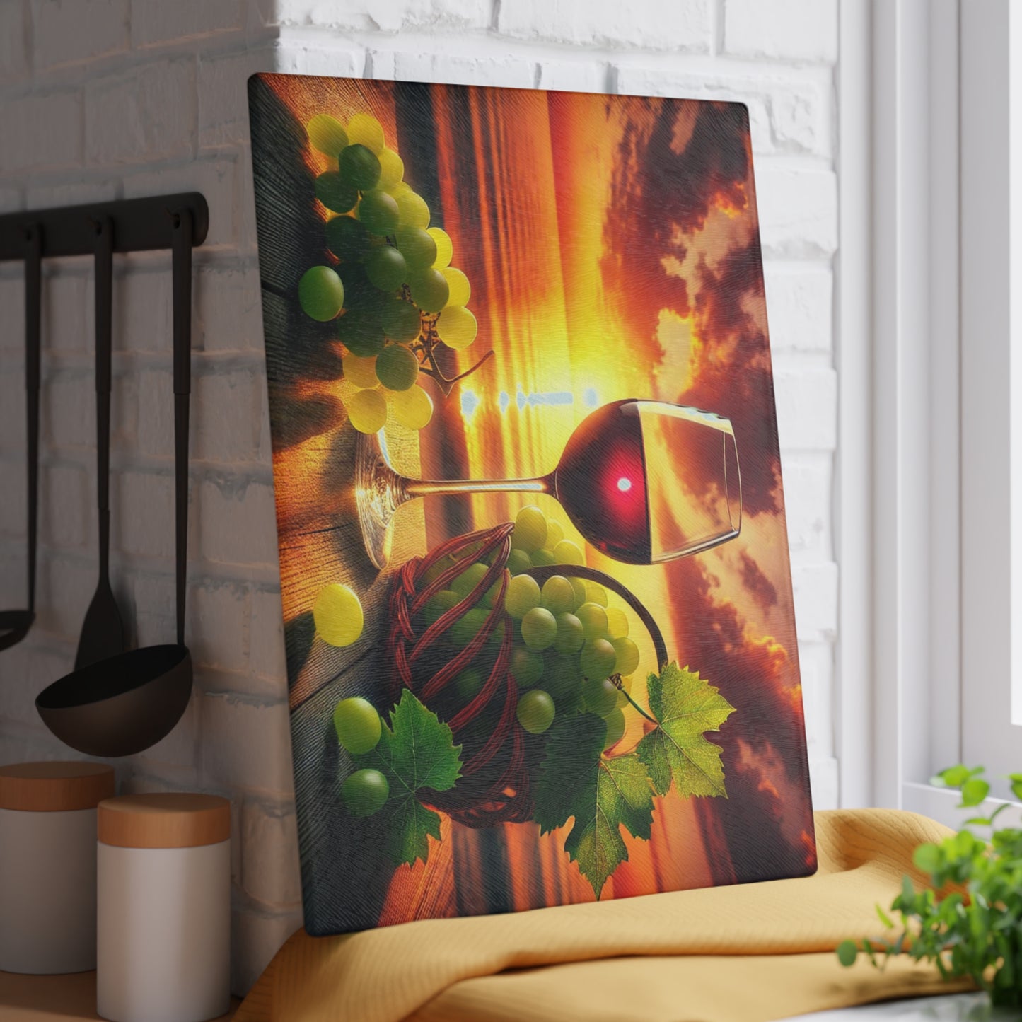🍷🌅 Sunset Sips – Wine and Grapes Glass Cutting Board for Elegant Kitchen Vibes 🍇