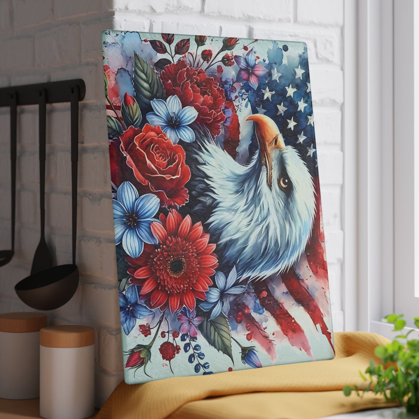 Tabla de cortar con diseño de águila calva y bandera estadounidense, regalo único, tabla de cortar de vidrio, tabla de charcutería, tabla de cortar personalizada, flores