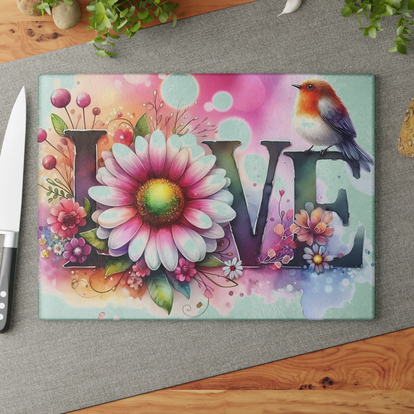Tabla de cortar, diseño de amor con pájaros y girasoles, decoración de cocina, bandeja de vidrio para servir, regalo de inauguración de la casa, utensilio de cocina