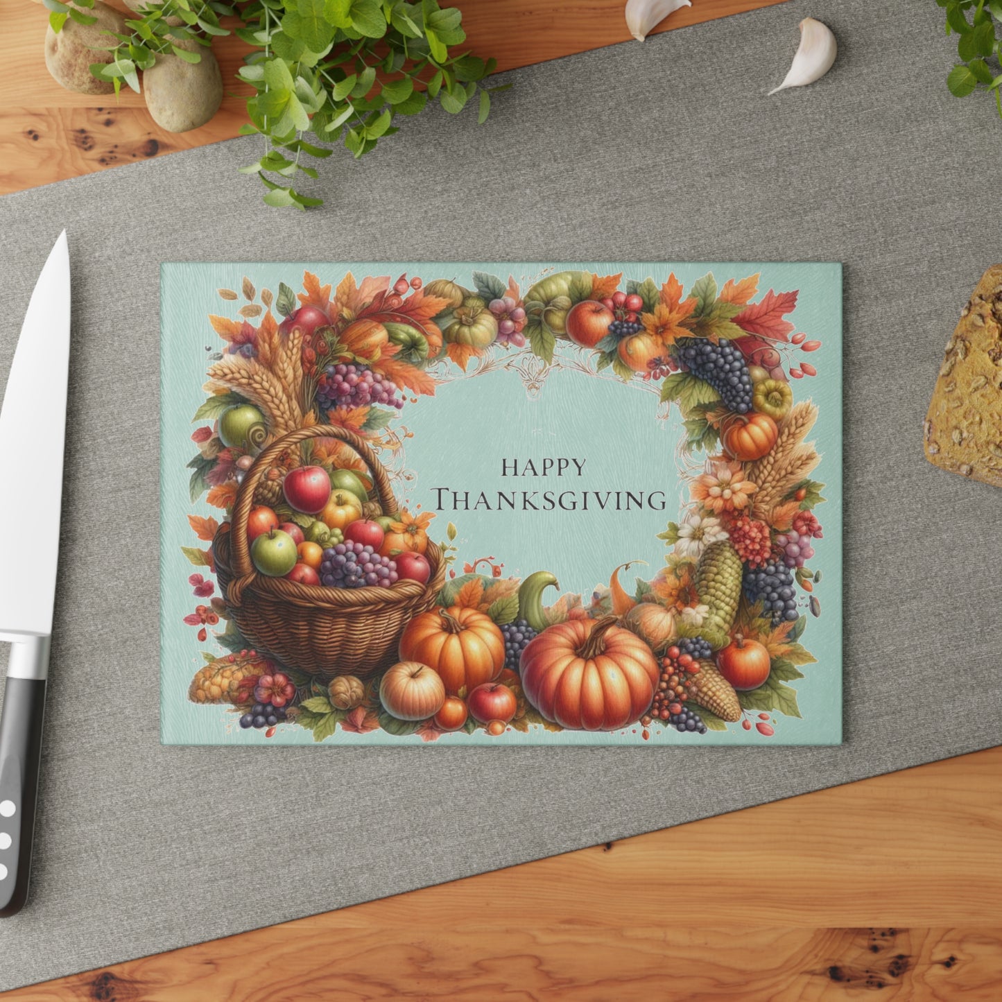 🧺🍂 Happy Thanksgiving Harvest Basket Glass Cutting Board – Warm Autumn Elegance for Your Kitchen ✨🦃