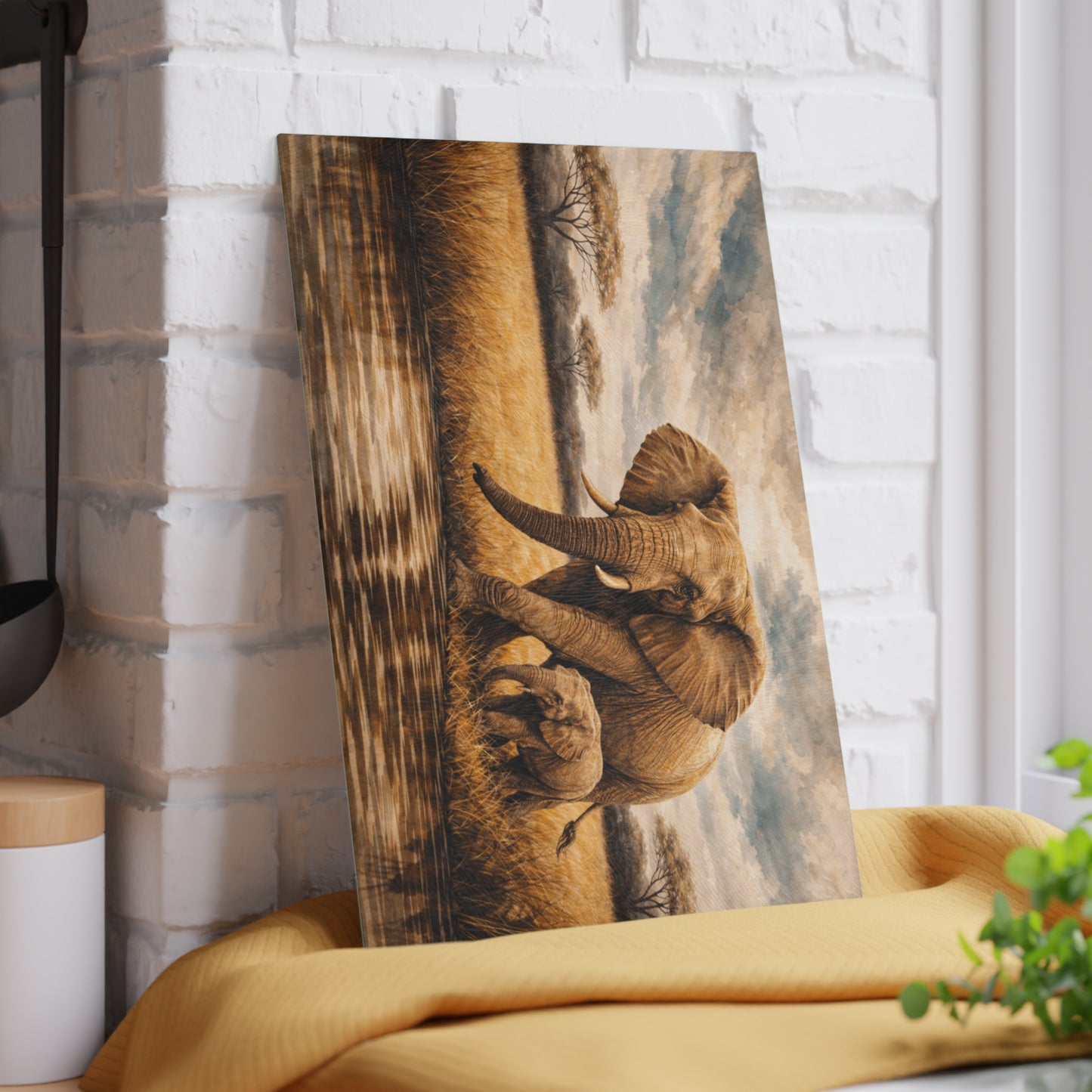 Safari Elephant and Calf Glass Cutting Board – African Wildlife Savanna Artwork
