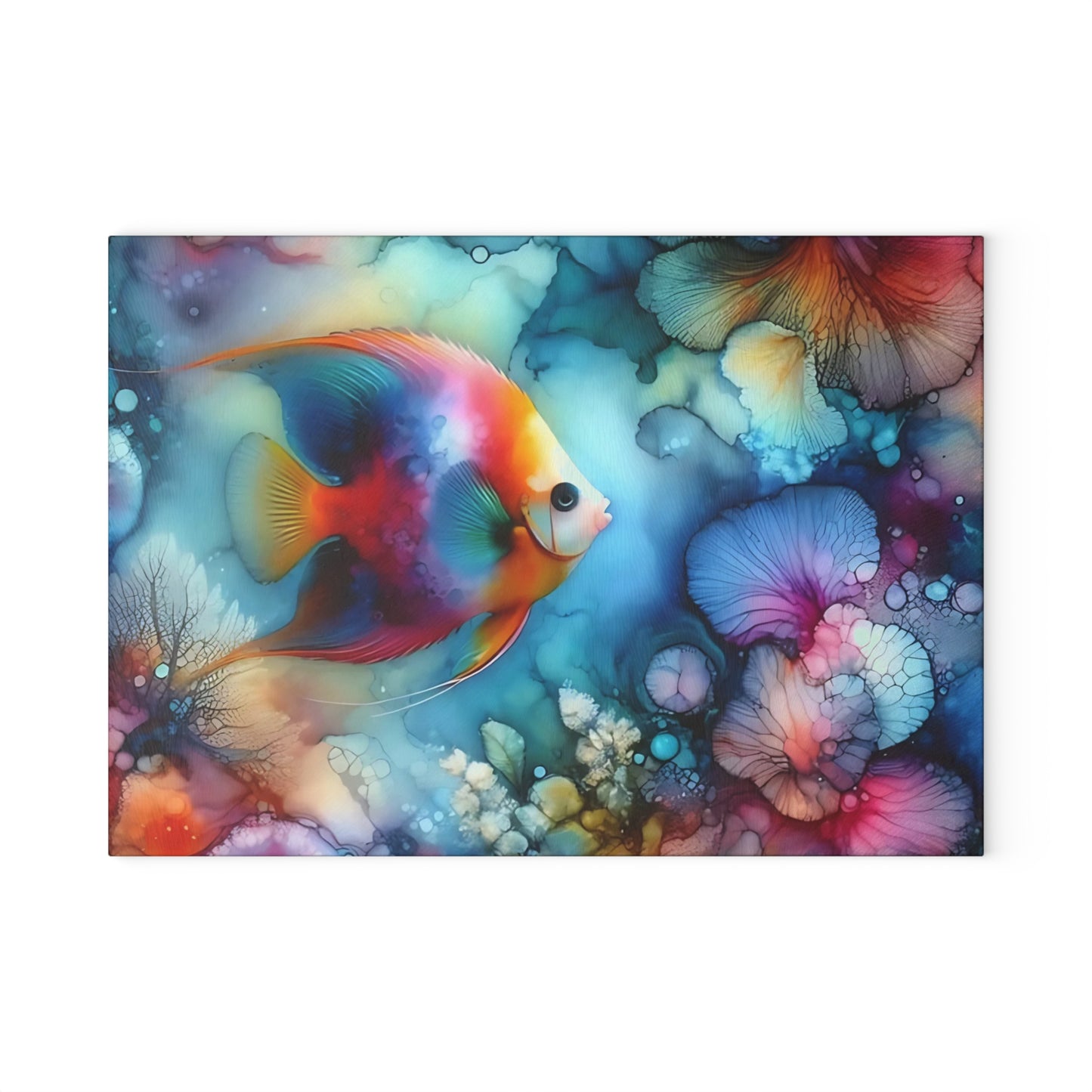 Tabla de cortar de vidrio con diseño de peces tropicales: arte oceánico con acuarela vibrante para exhibir en la cocina