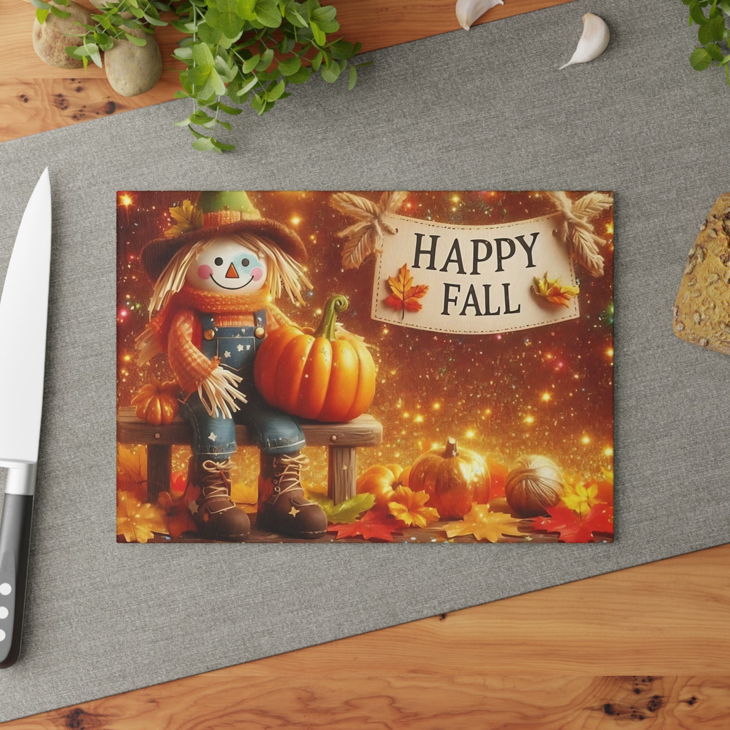 🍂🌟 Happy Fall Scarecrow Cutting Board – Rustic Autumn Kitchen Décor with Pumpkins & Golden Glow 🎃✨
